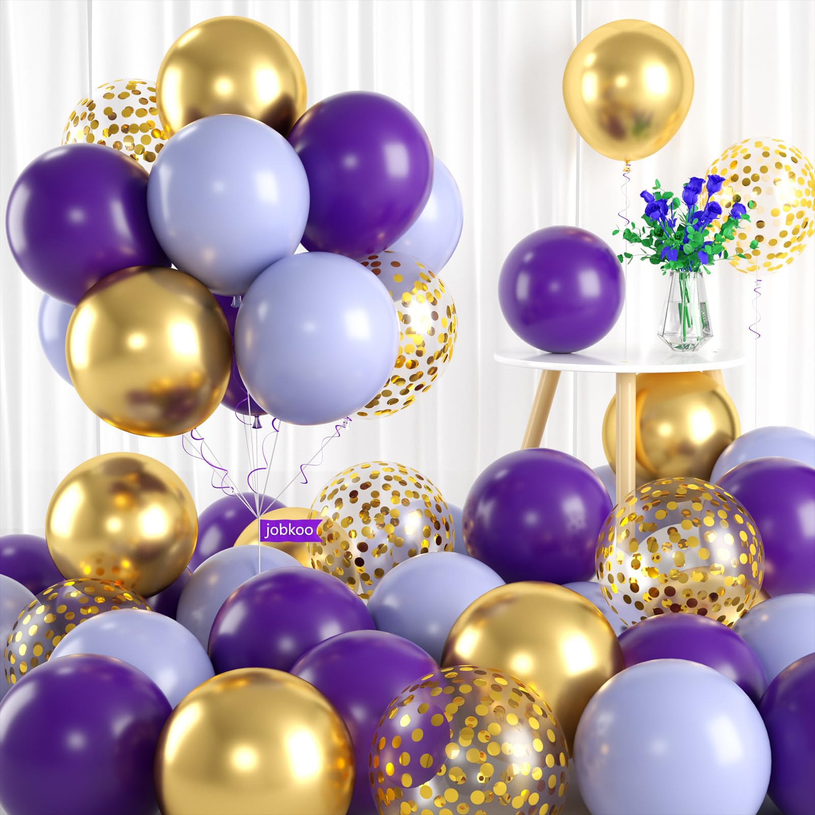 JobkooPurple and Gold Balloons, 60 PCS Dark Purple Gold Balloons Set with Gold Confetti Metallic Gold Balloons, Gold and Lilac Balloons for Purple Birthday Party Bridal Shower Decorations