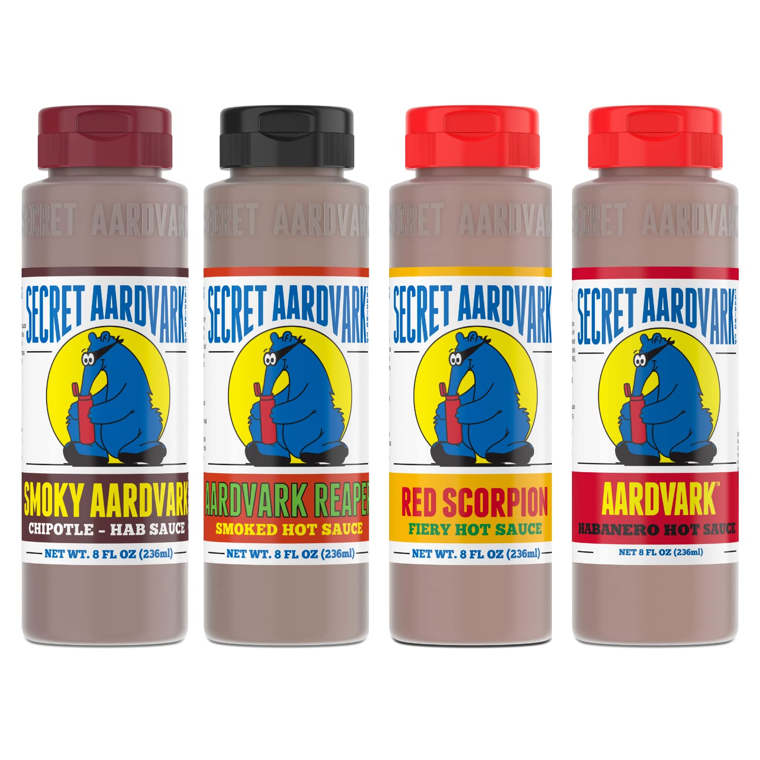 Secret Aardvark Hot Sauce Variety Pack - Smokey Chipotle, Reaper, Red Scorpion, and Habanero Hot Sauce, Low Carb, Hot Sauce & Marinade Gift Set - 8 fl oz 4 Pack