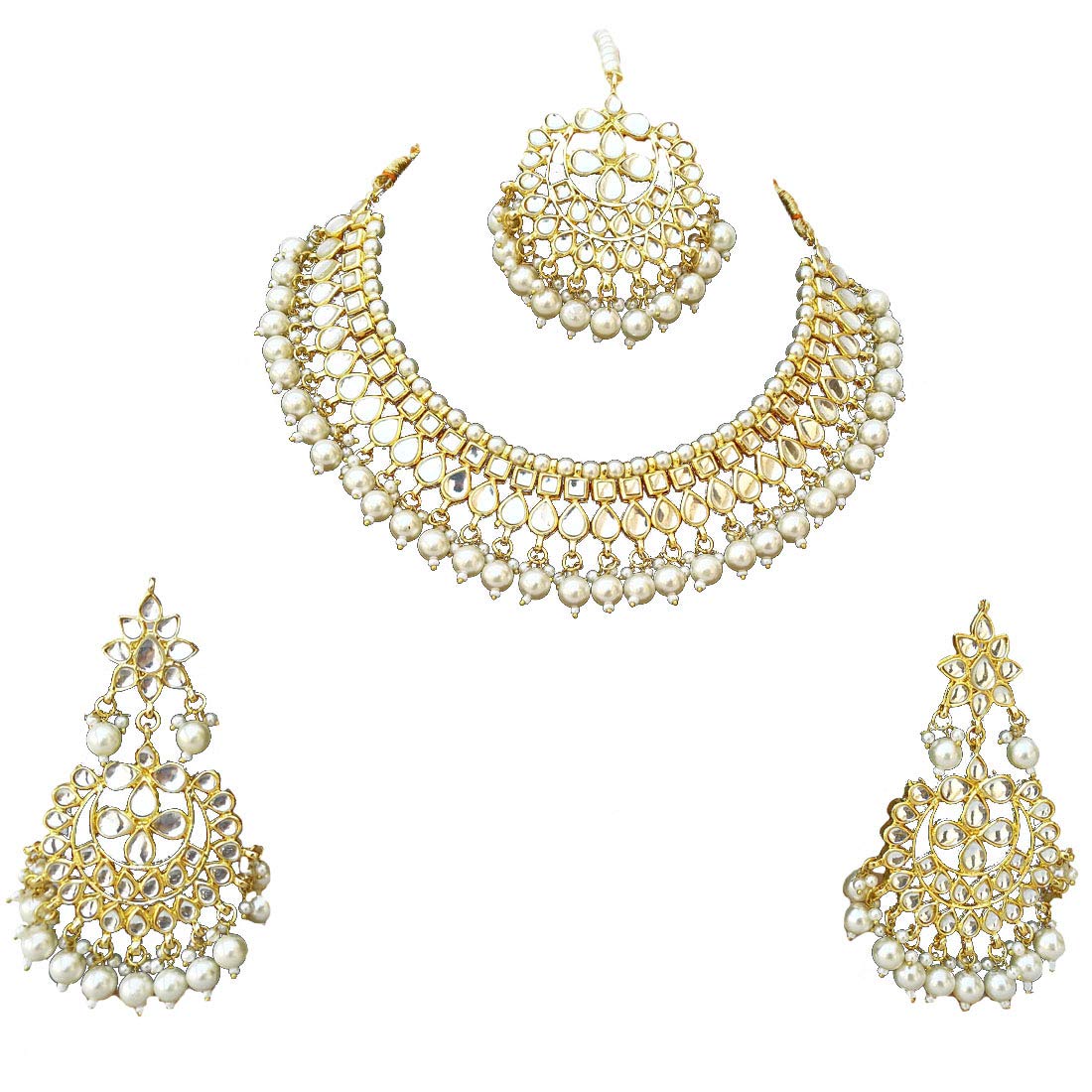 Finekraft Meena Kundan Pearls Designer Gold Plated Bridal Wedding Women Necklace,Earrings,Tikka Jewelry Set