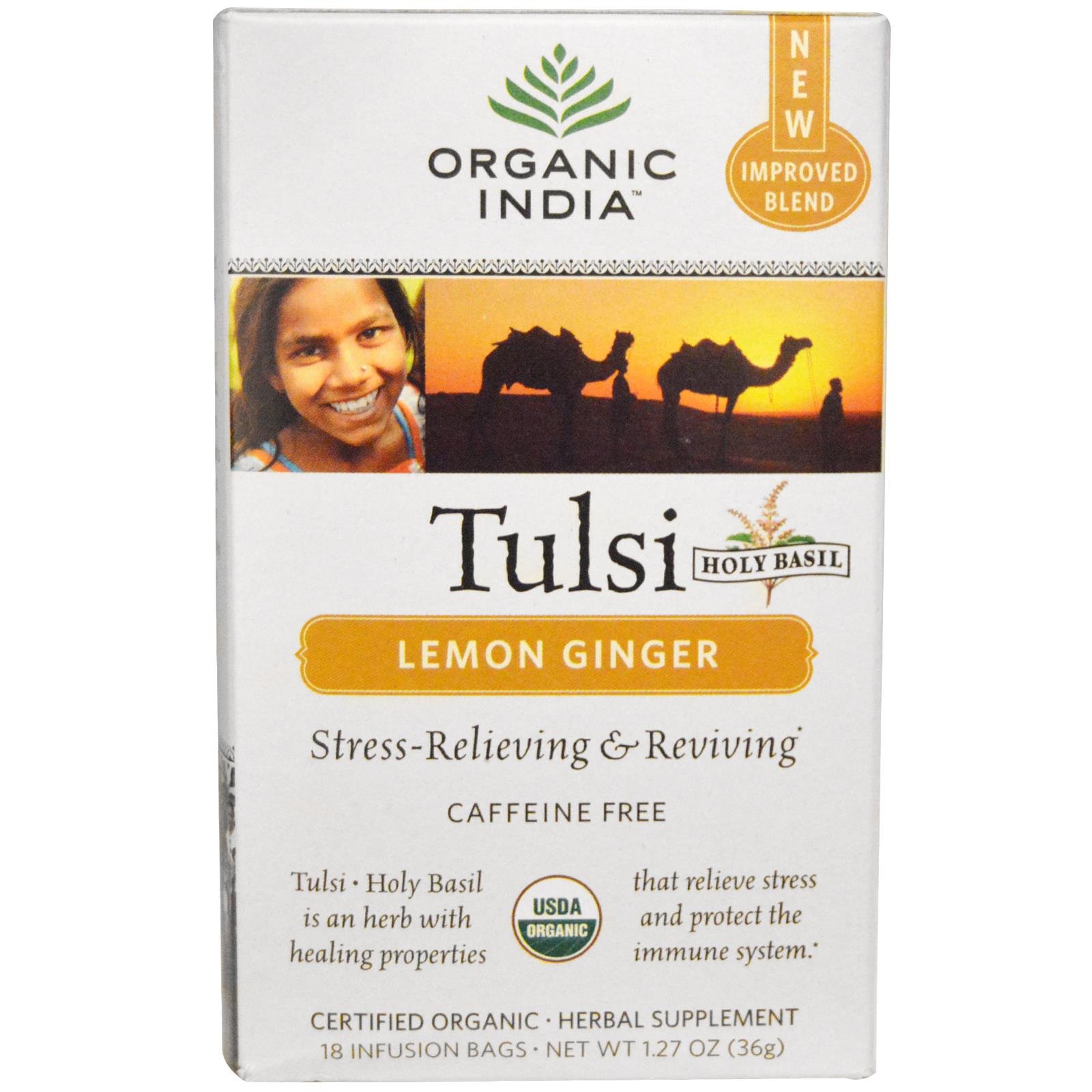 Organic India Tulsi Lemon Ginger Herbal Tea - Holy Basil, Stress Relieving & Reviving, Immune Support, Aids Digestion, Vegan, USDA Certified Organic, Non-GMO, Caffeine-Free - 18 Infusion Bags, 1 Pack