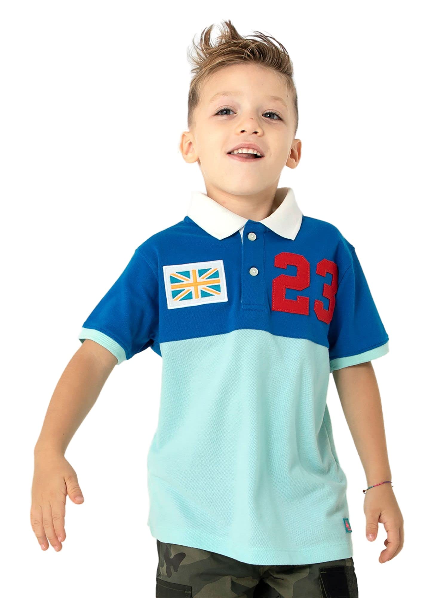 CHERRY CRUMBLEBlue Green Multi Colorblocked Applique Embroidery Typogrtaphy Soft Pique Polycotton Half Sleeves Boys Regular Fit Casual Submarine Polo Summer Tshirt (7L-POLO-3547)