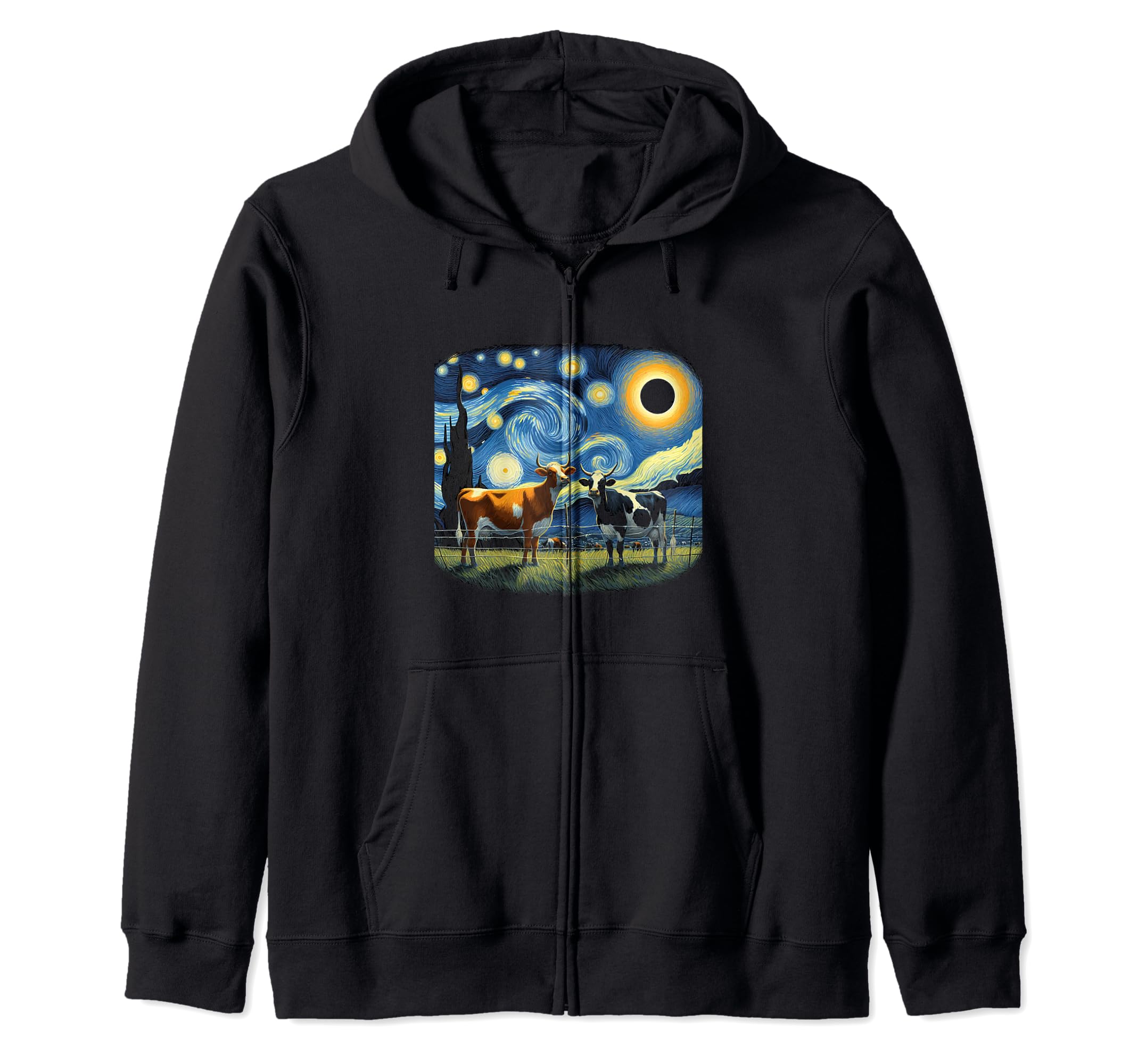 Cow Looking at Eclipse Cool Artistic Total Solar Eclipse Zip Hoodie