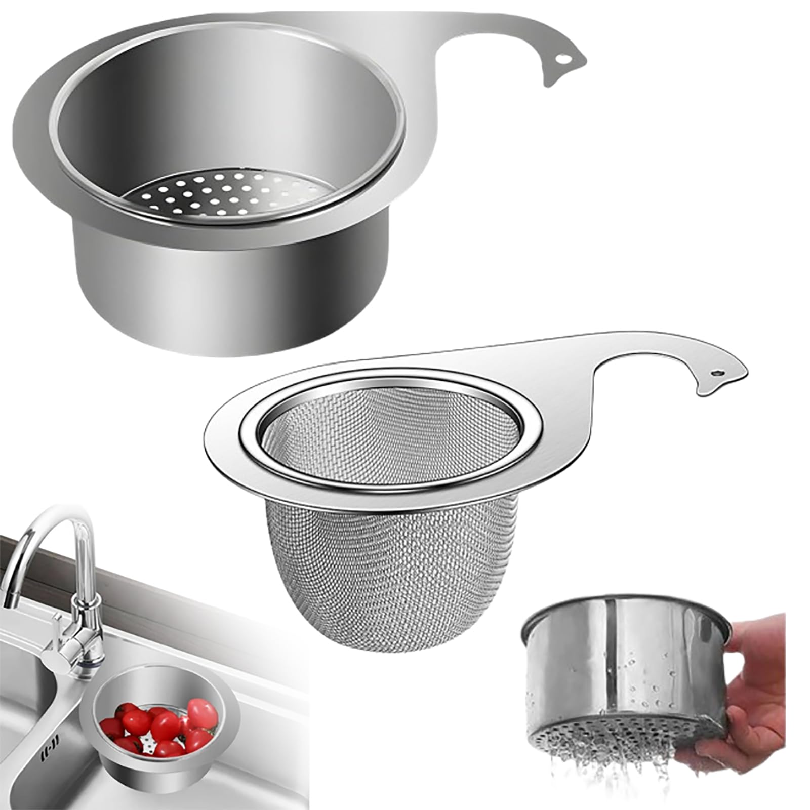 Stainless Steel Swan Sink Strainer Basket, 2024 New Kitchen Sink Drain Strainer Faucet Hanging Filter Basket, Corner Sink Strainer Multi-Functional Drain Basket for Fruit Vegetable (A+B 2pcs)