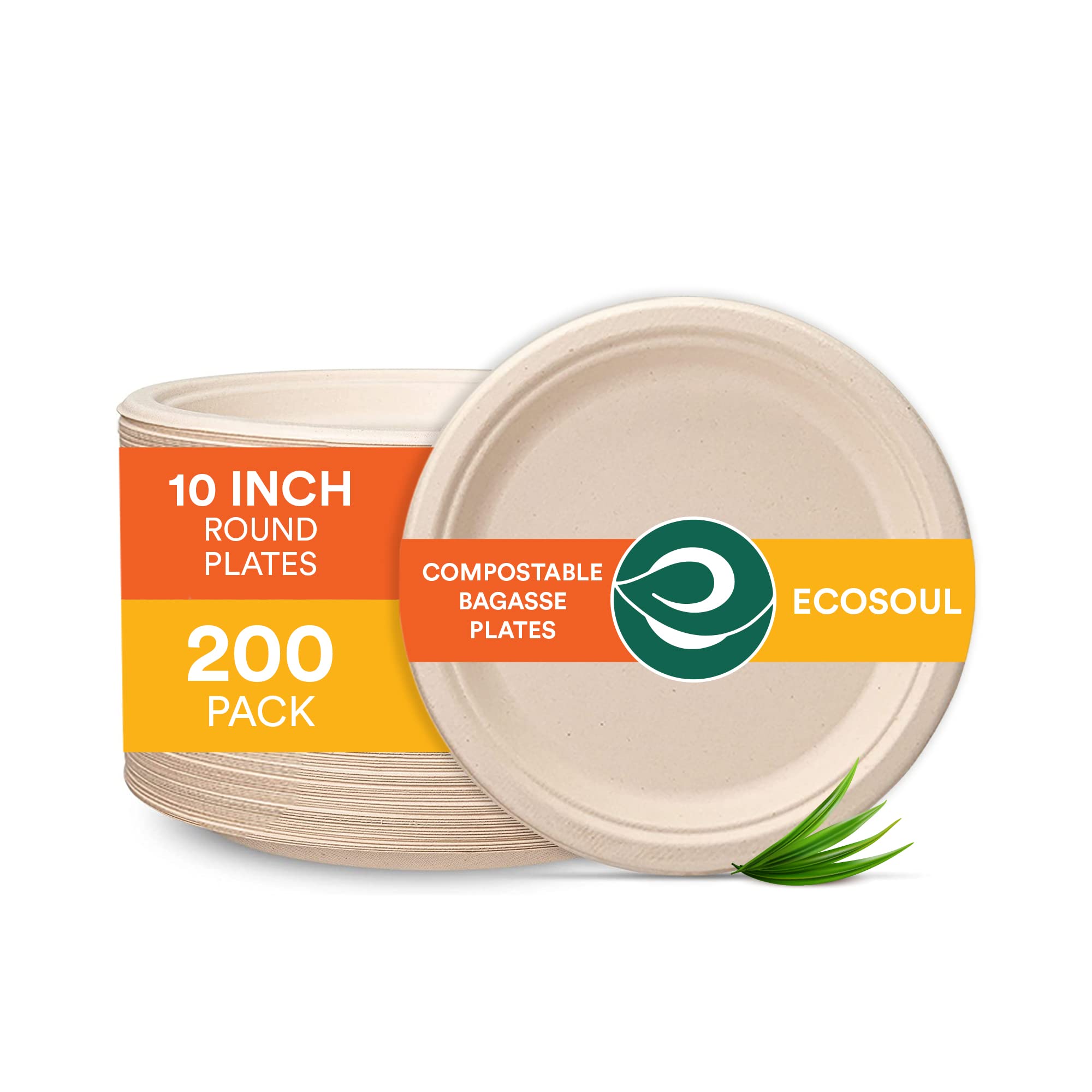 ECO SOUL Compostable Paper Plates (25Cm) 10 Inch [200-Pack] Heavy Duty Disposable Sugarcane Bagasse Dinner Plates | Eco Friendly Biodegradable Microwave Safe Party Plates