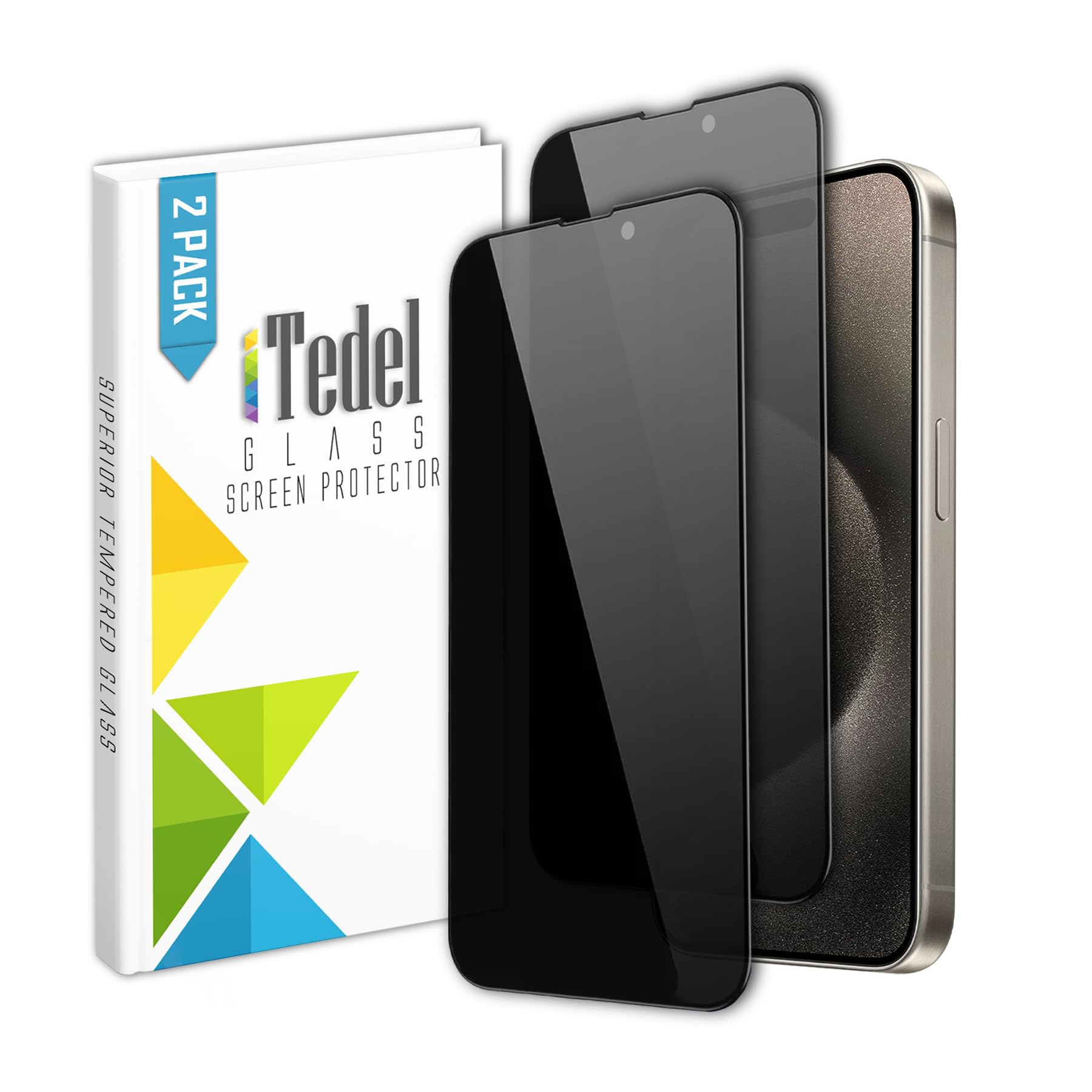 iTedel 2 Pack iPhone 15 Pro Max Privacy Screen Protector Full Coverage Protection with Anti Spy Tempered Glass Anti Fingerprint and Anti Scratch Technologies