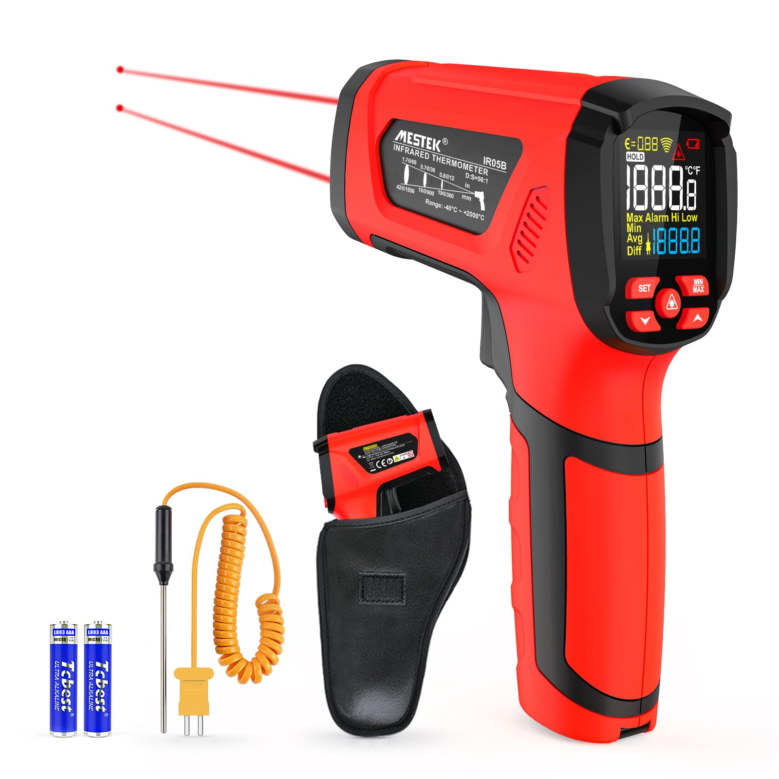 MESTEK Infrared Thermometer Temperature Gun, -40℉~3632℉, Non Contact Digital Laser Thermometer Gun Industrial Pyrometer 50:1 High Temp Thermometer with Color LCD Display, Adjustable Emissivity