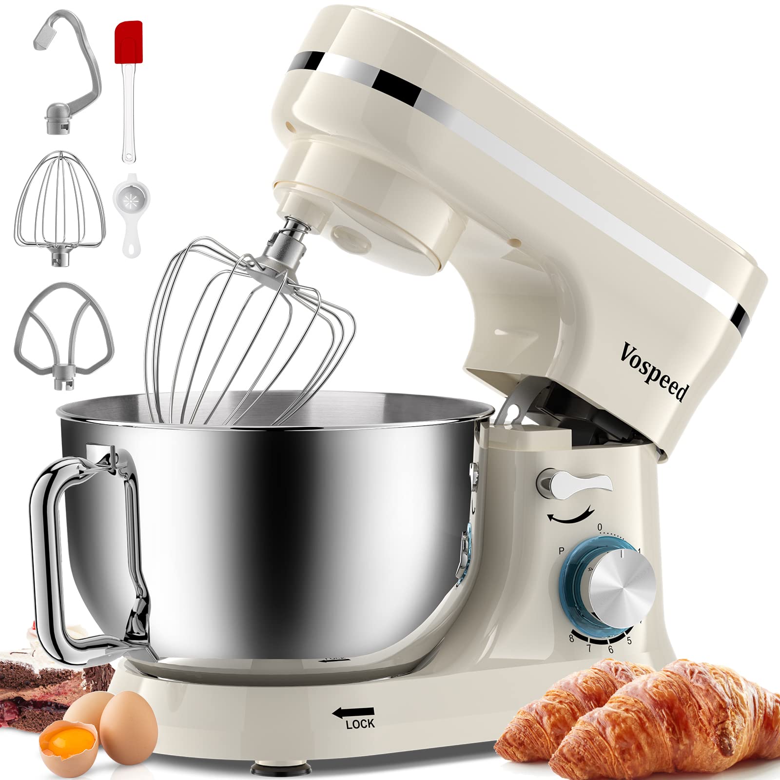 Vospeed Stand Mixer, 4.5L+5L Bowls 8-speed 1000W Tilt-Head Food Mixer, Kitchen Electric Mixer with Dough Hook, Whisk, Beater, Splash Guard (Cream White)