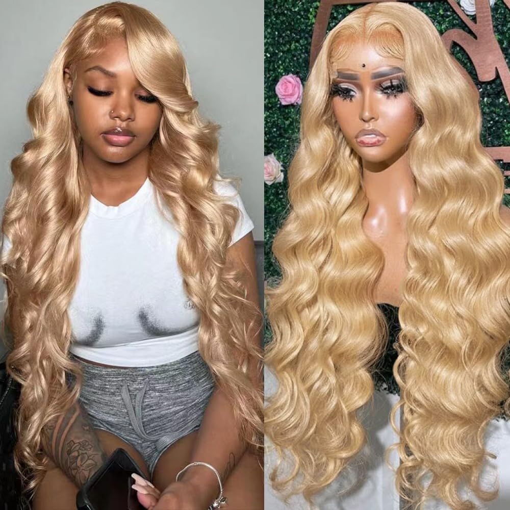 Honey Blonde 30 Inch Wig Human Hair 13x4 Honey Blonde Lace Front Wig Human Hair Body Wave Frontal Wigs Human Hair Colored 27# 180% Density Glueless HD Transparent Lace Front Wigs Human Hair