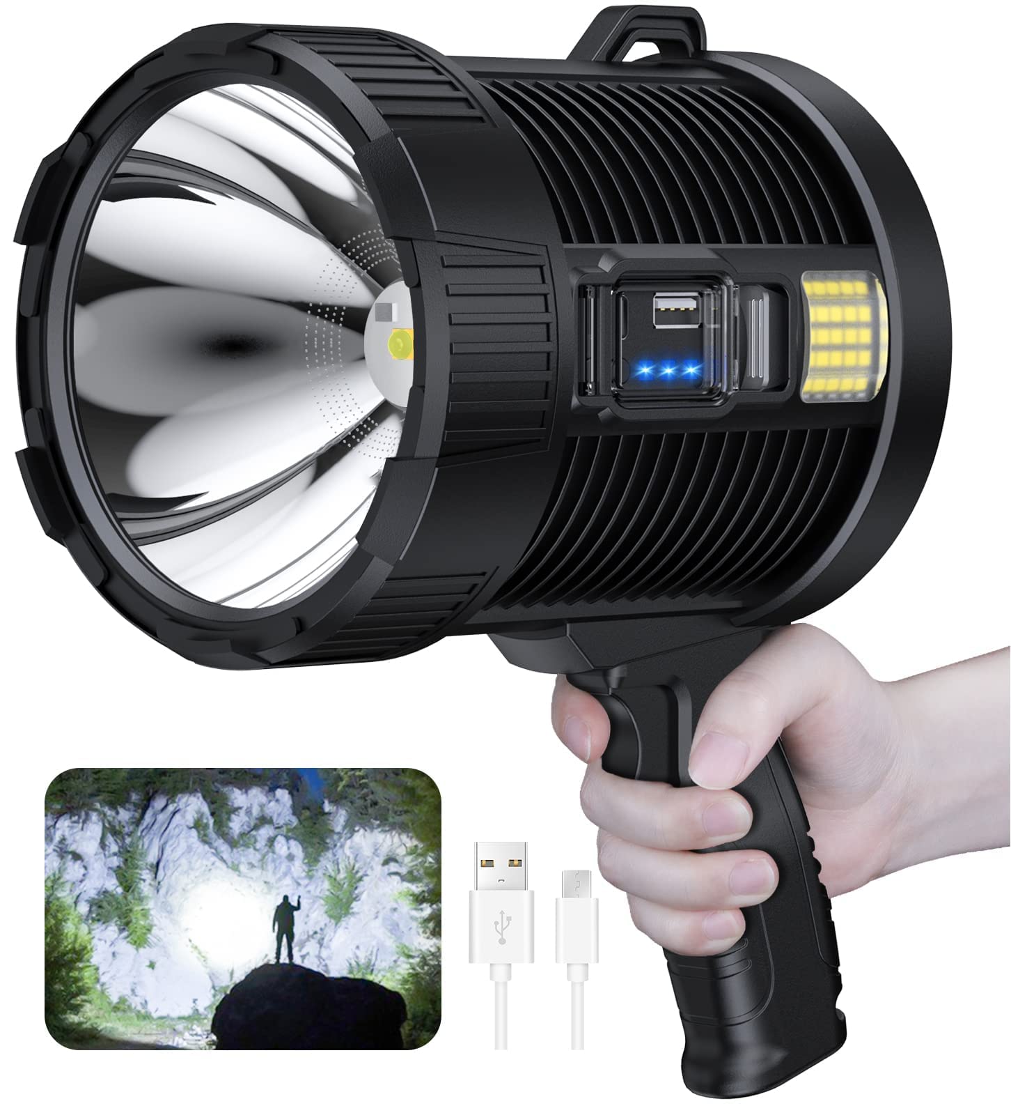 Excefore Rechargeable Spotlight, 100000 Lumens Led Spot Lights Handheld Large Flashlight Super Bright Outdoor Solar Spotlights Searchlight with Cob Light, 6 Modes, IPX5 Waterproof (Black)