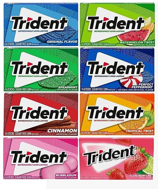 Trident Gum Variety Pack Long Lasting (Original,Watermelon,Spearmint,Peppermint,Cinnamon,Tropical,Bubble Gum,Berry Lime) Classic Chewing Gum Each 26gm Pack Of 8