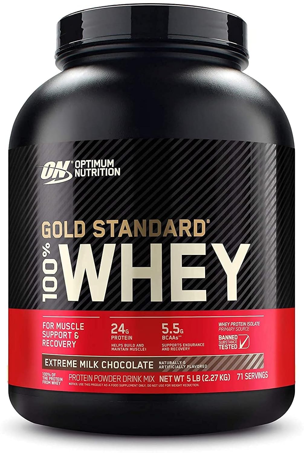 Optimum Nutrition (ON) Gold Standard 100% Whey Protein Powder Primary Source Isolate, 24 Grams of Protein for Muscle Support and Recovery - Extreme Milk Chocolate, 5 Lbs, 71 Servings (2.27 KG)