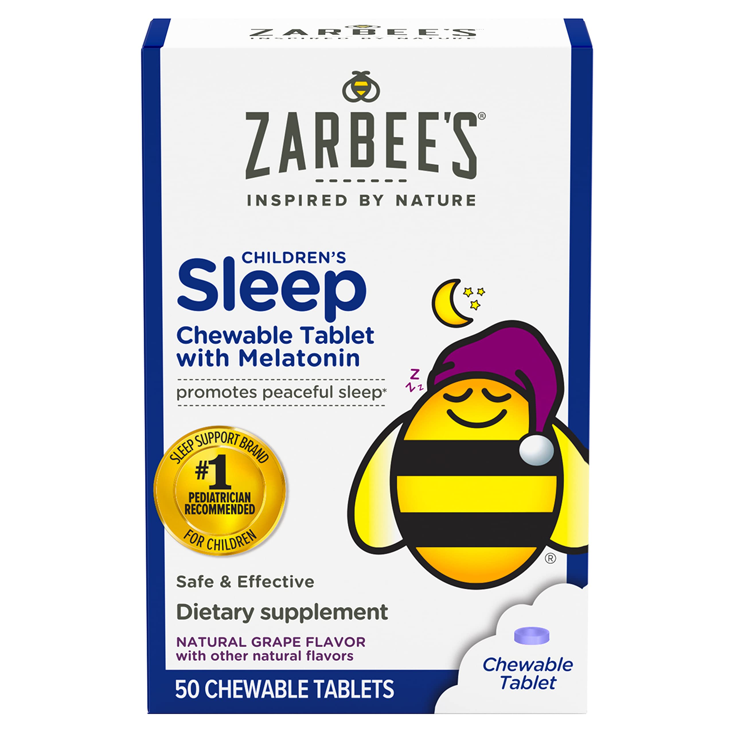 Zarbee's Naturals Children's Sleep with Melatonin Supplement, Natural Grape Flavor, 50 Chewable Tablets