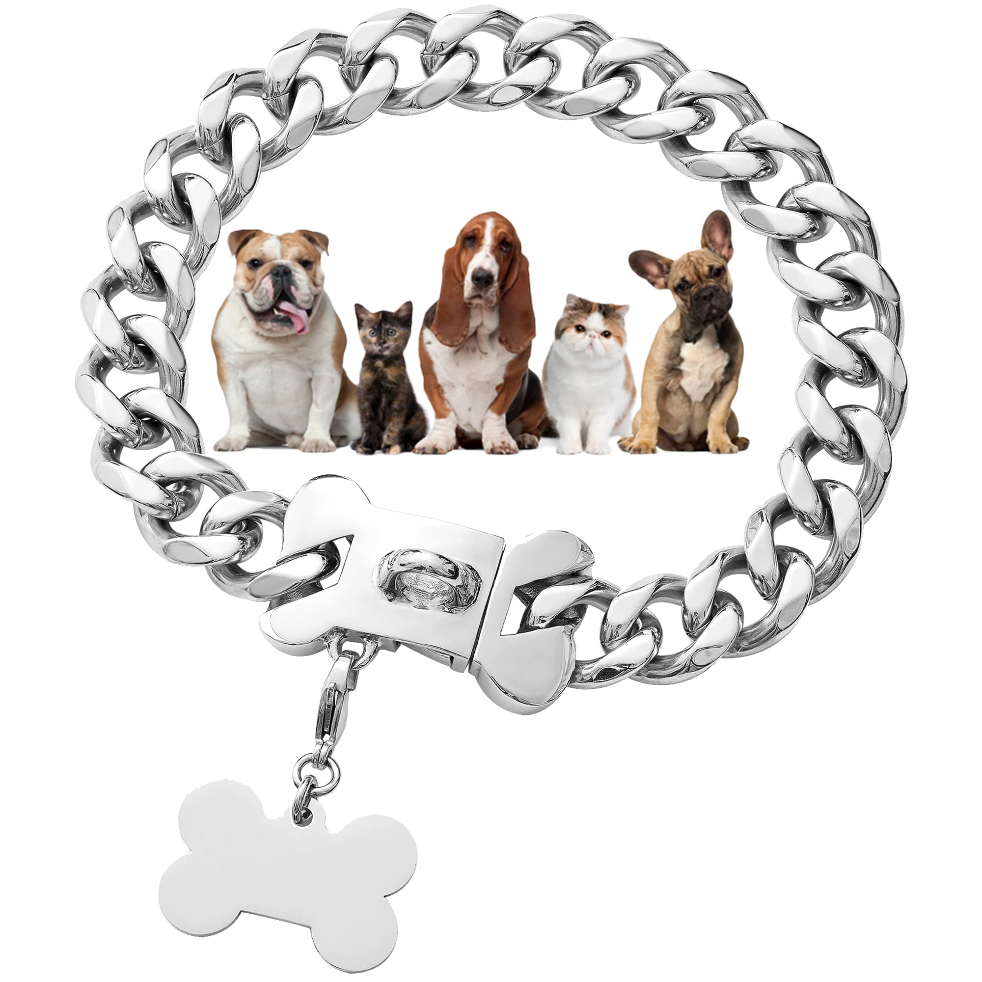 W/W LifetimeSilver Chain Dog Collar 15mm Stainless Steel Cuban Link Dog Collar with Secure Snap Buckle Silver Dog Chain Metal Collar for Small Pitbull (15MM, 12")