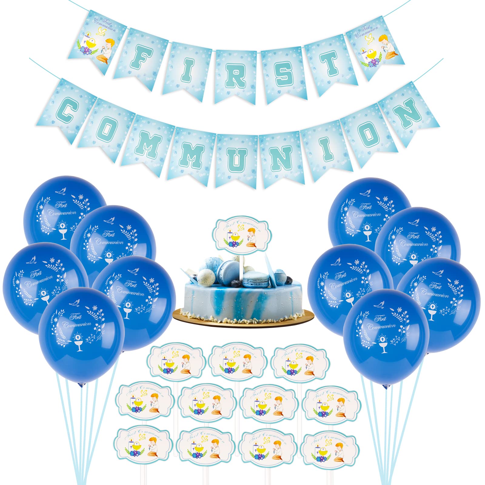 First Communion Decorations Set for Boys Blue First Communion Bunting Banner Balloons Cupcake Toppers Communion Party Decorations