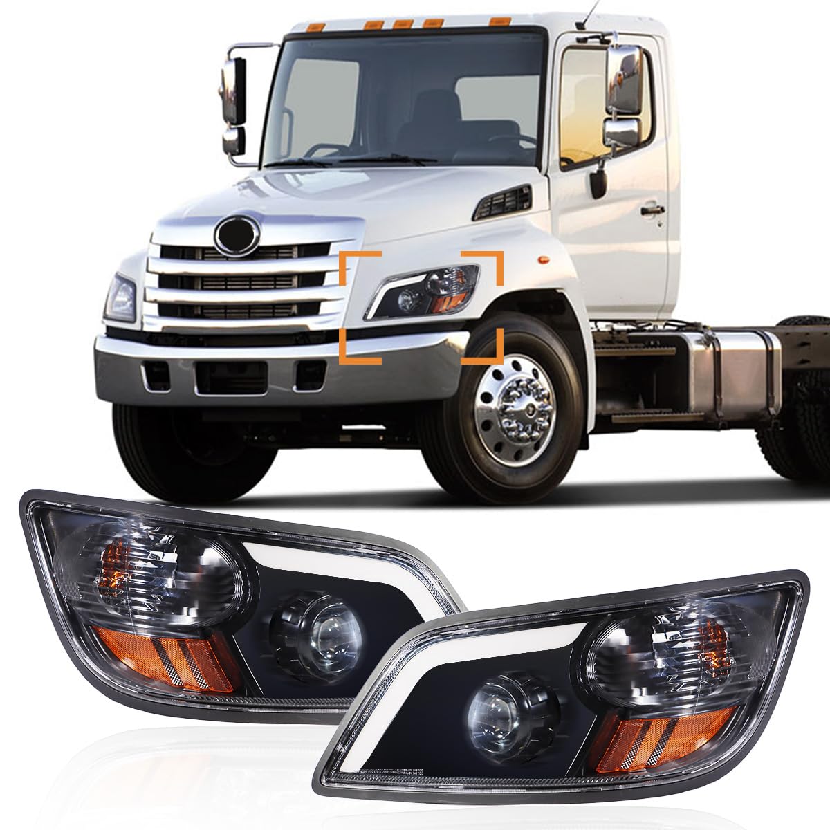 Headlight Assembly fit for 2011+ Hino 238 258 268 338 Truck Left Driver and Right Passenger Side Black Housing Headlamp (LED Lens)