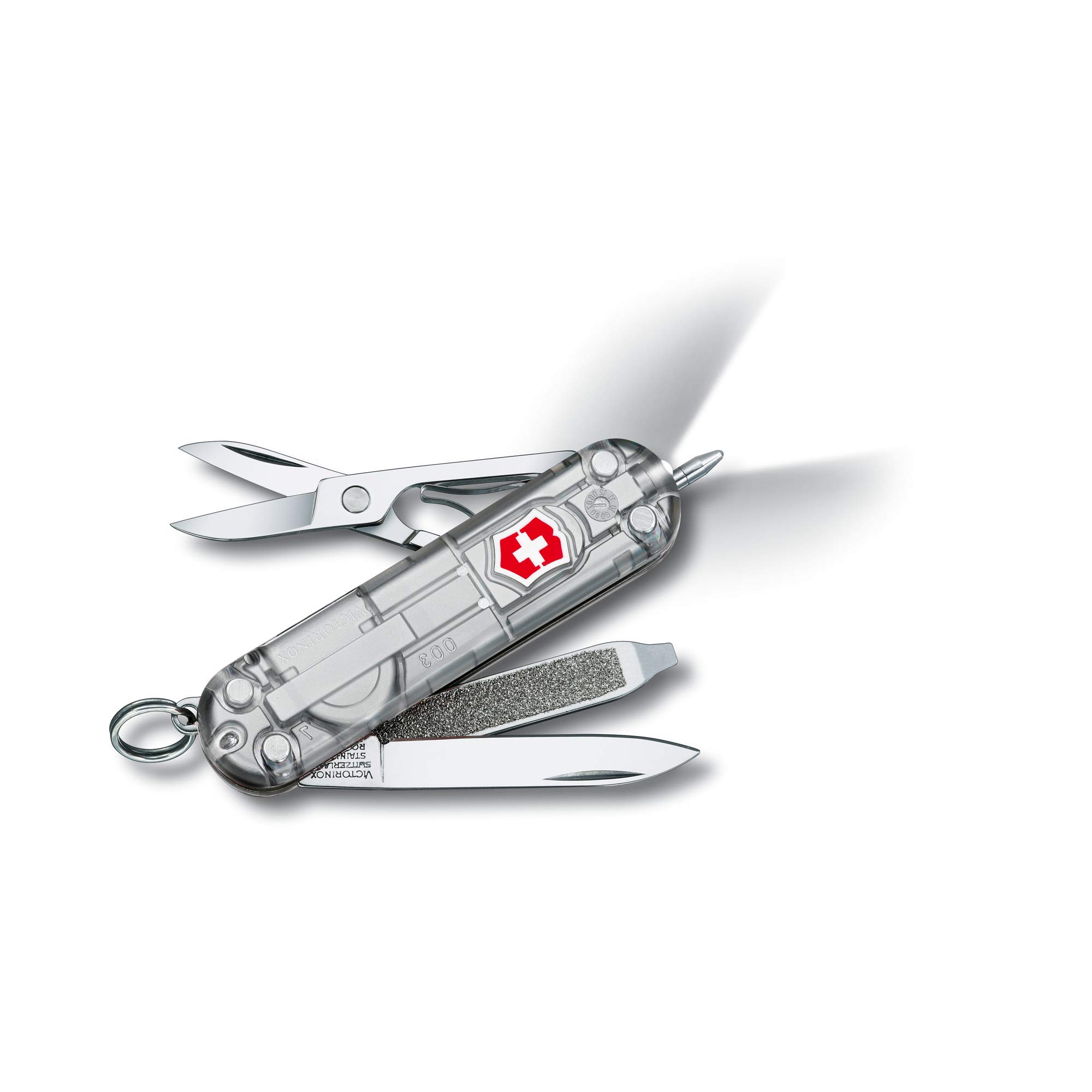 VictorinoxSignature Lite Swiss Army Knife, Compact, 7 Functions, Swiss Made Pocket Knife with Pressurized Ballpoint Pen, LED and Key Ring - Silver Tech