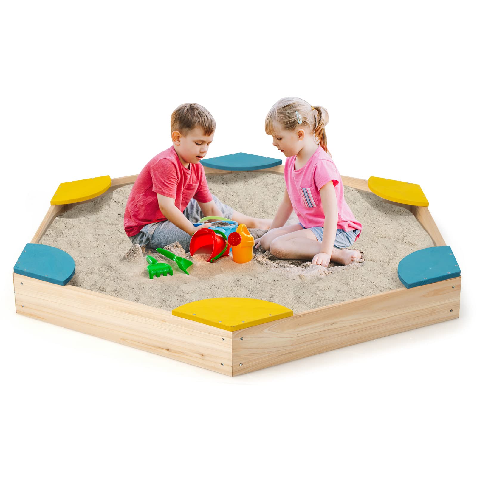 Maxmass Kids Wooden Sandbox, Outdoor Square/Hexagon Sand Pit with Seats, Bottomless Sandpit for Garden Beach Backyard (6 Seats)