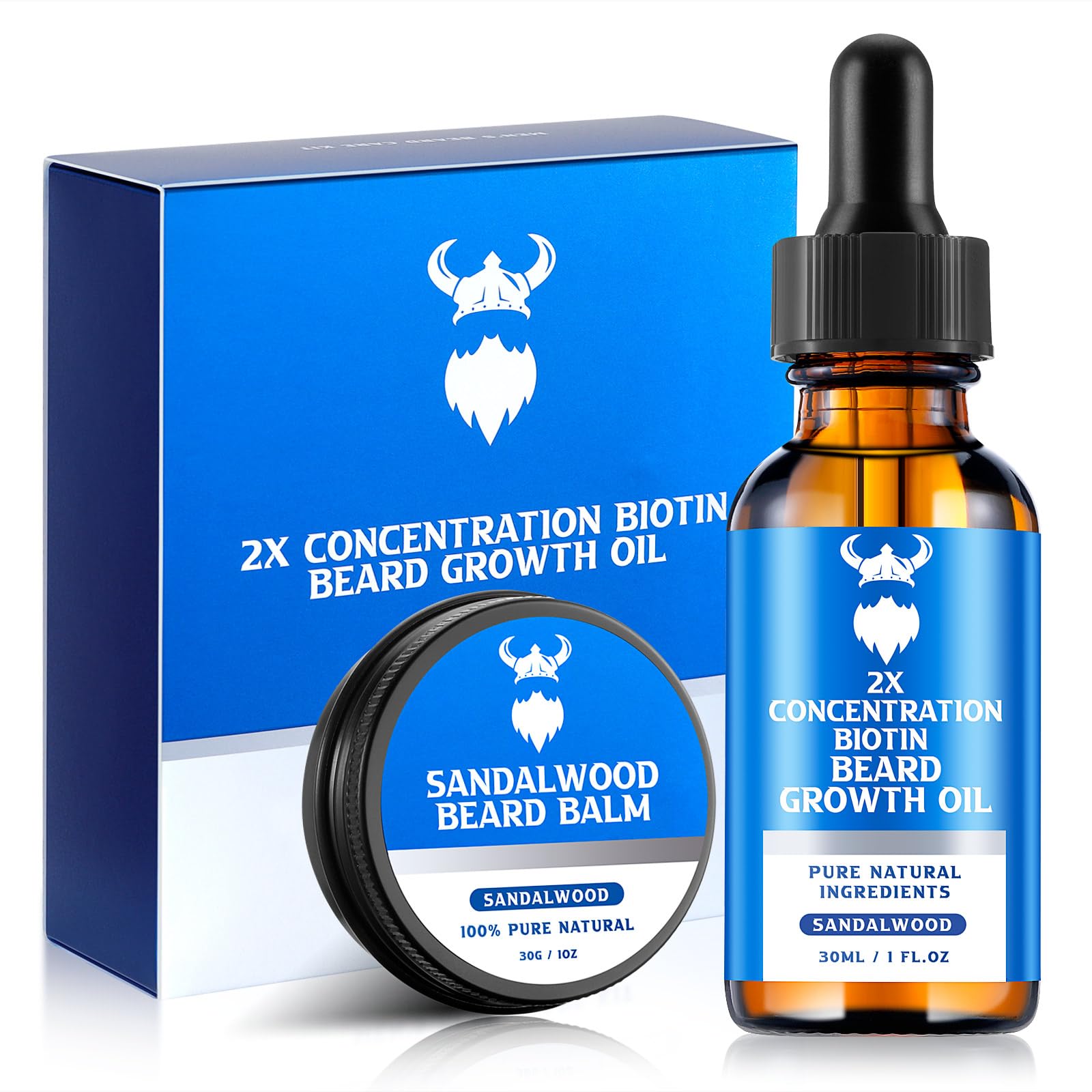 Beard Growth Oil & Beard Balm - Beard Growth Kit with 2X Concentration Biotin for Men, Natural Ingredients with Argan Oil, Jojoba Oil and Vitamin (Sandalwood)