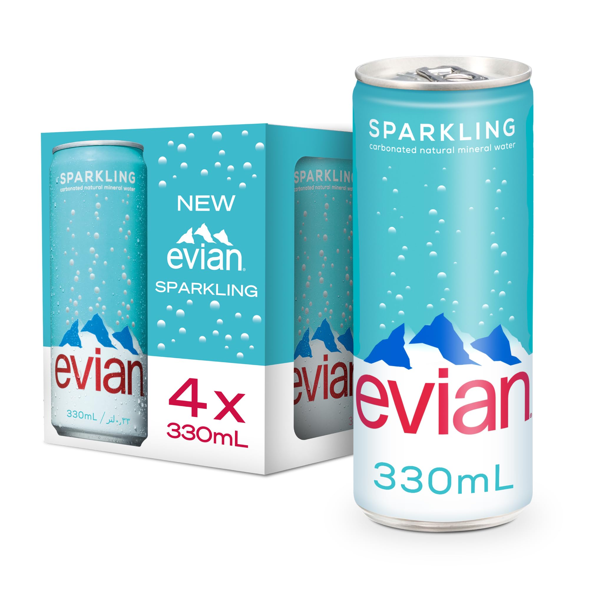 evianSparkling Water Cans 4x330ml, Awaken Your Senses with Evian Sparkling Water, Sparkling Drinking Water for Maximum Hydration