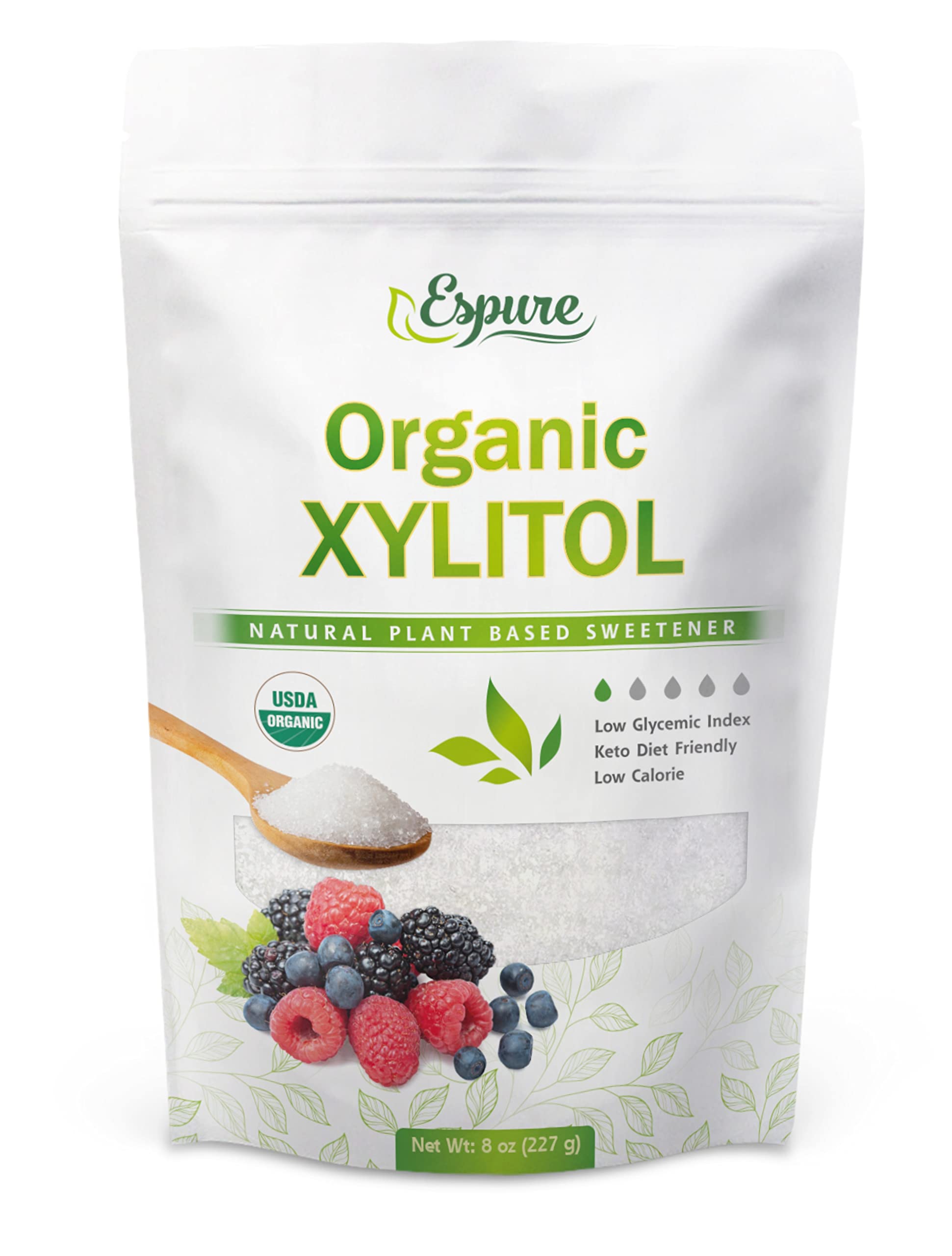 Organic Birch Xylitol - USDA Certified Organic Plant Based Sweetener, Keto friendly, Low Glycemic Index, Sugar Substitute; 8oz