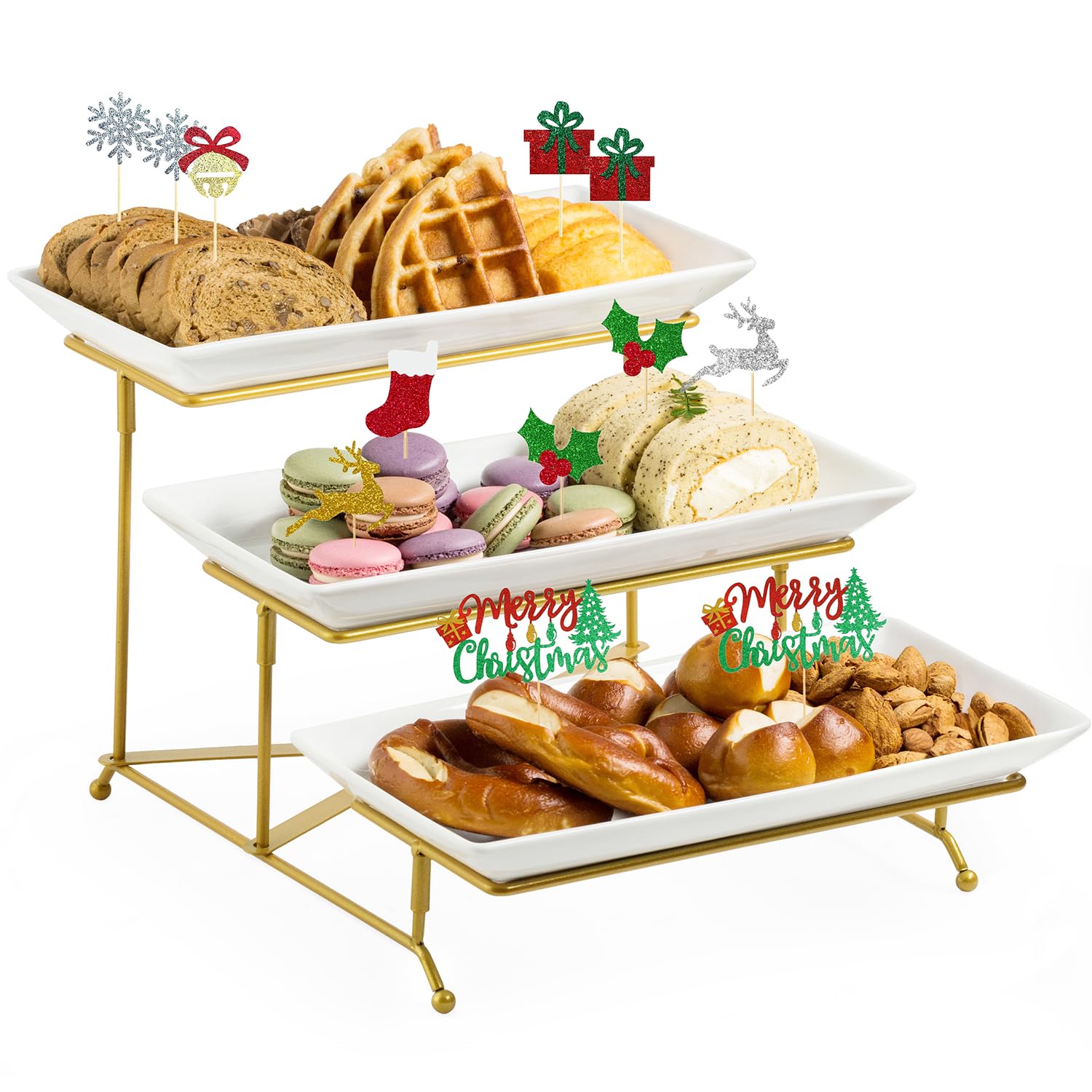 LAUCHUH 3 Tier Serving Stand with Porcelain Serving Platter Tier Serving Trays with Collapsible Sturdier Rack, Serving Dishes and Platters, Gold, 12 Inch