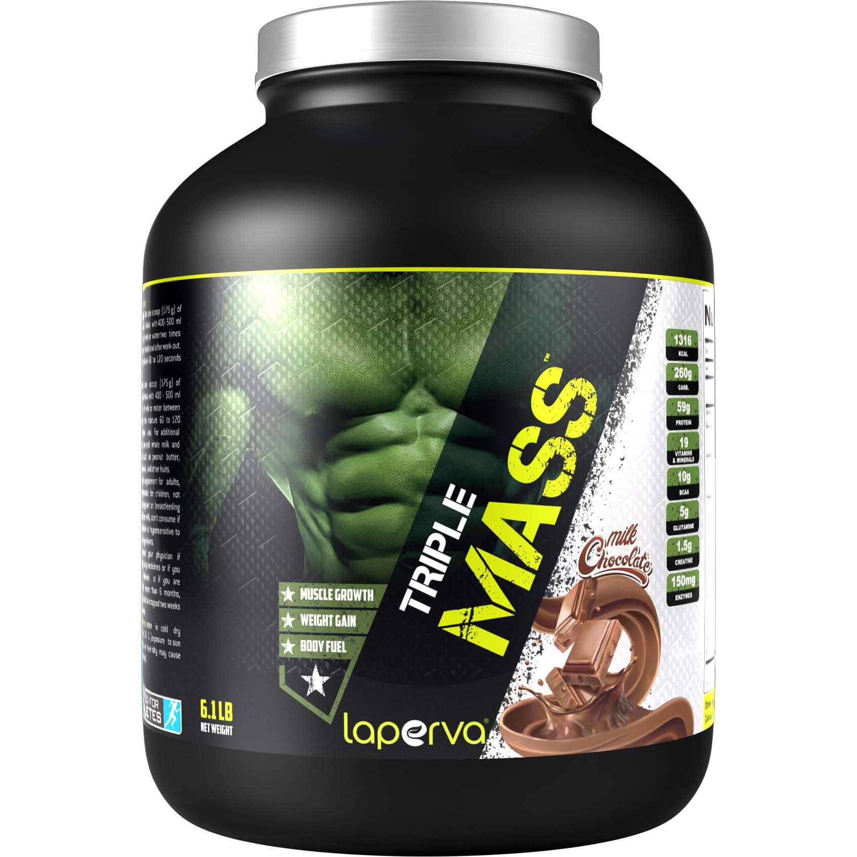 laperva Triple Mass Gainer Protein Powder, High Calorie Weight Gainer with Glutamine & Added Essential Fatty Acids, 1500mg Added Creatine Blend +10 gm of BCAA (Milk Chocolate, 6 LB)