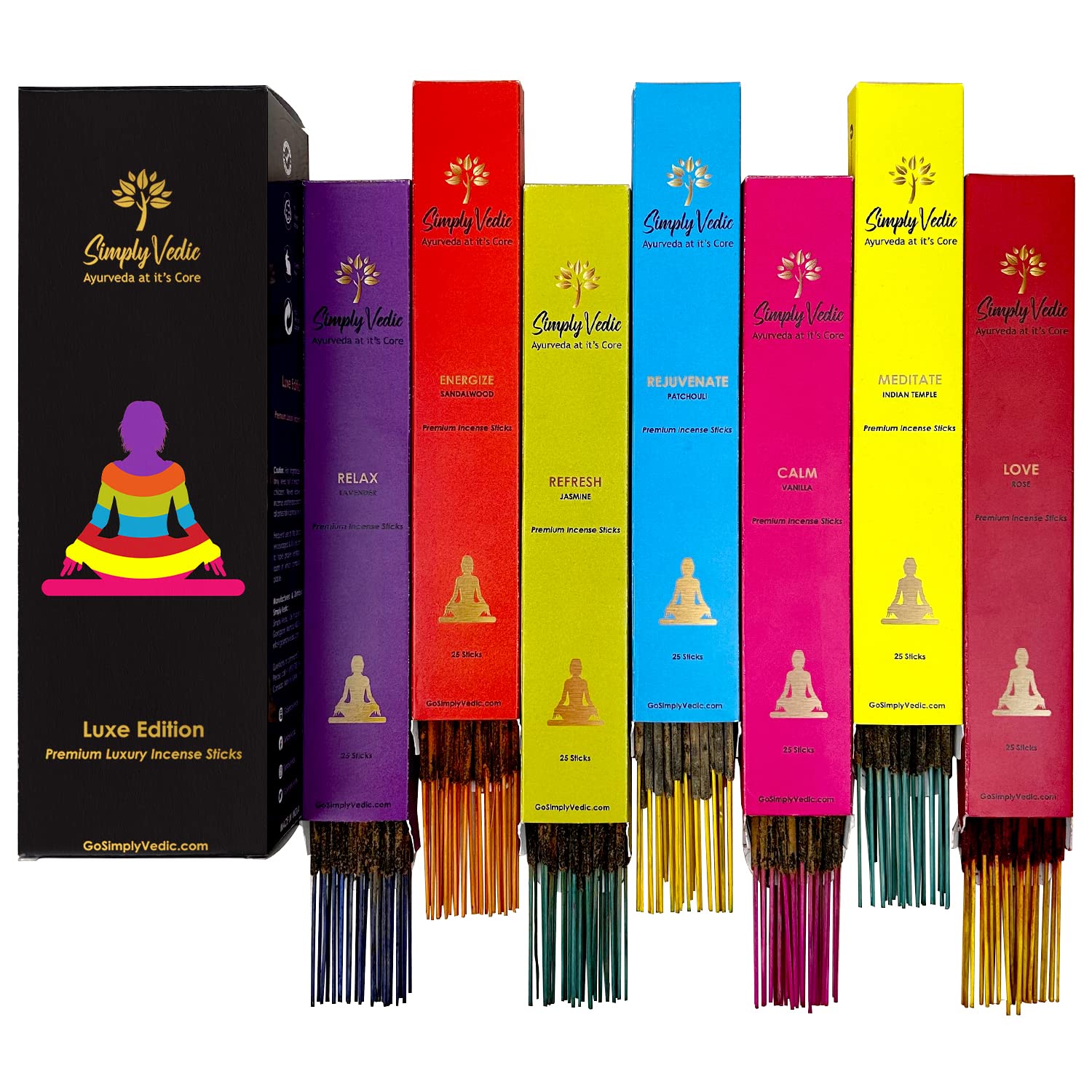 Simply Vedic Luxe Incense Sticks Set-Premium Aromatherapy Collection, 175 Natural Scented Sticks (Lavender, Sandalwood, Jasmine, Patchouli, Rose, Vanilla, Indian Temple)+Holder, Therapeutic Fragrant