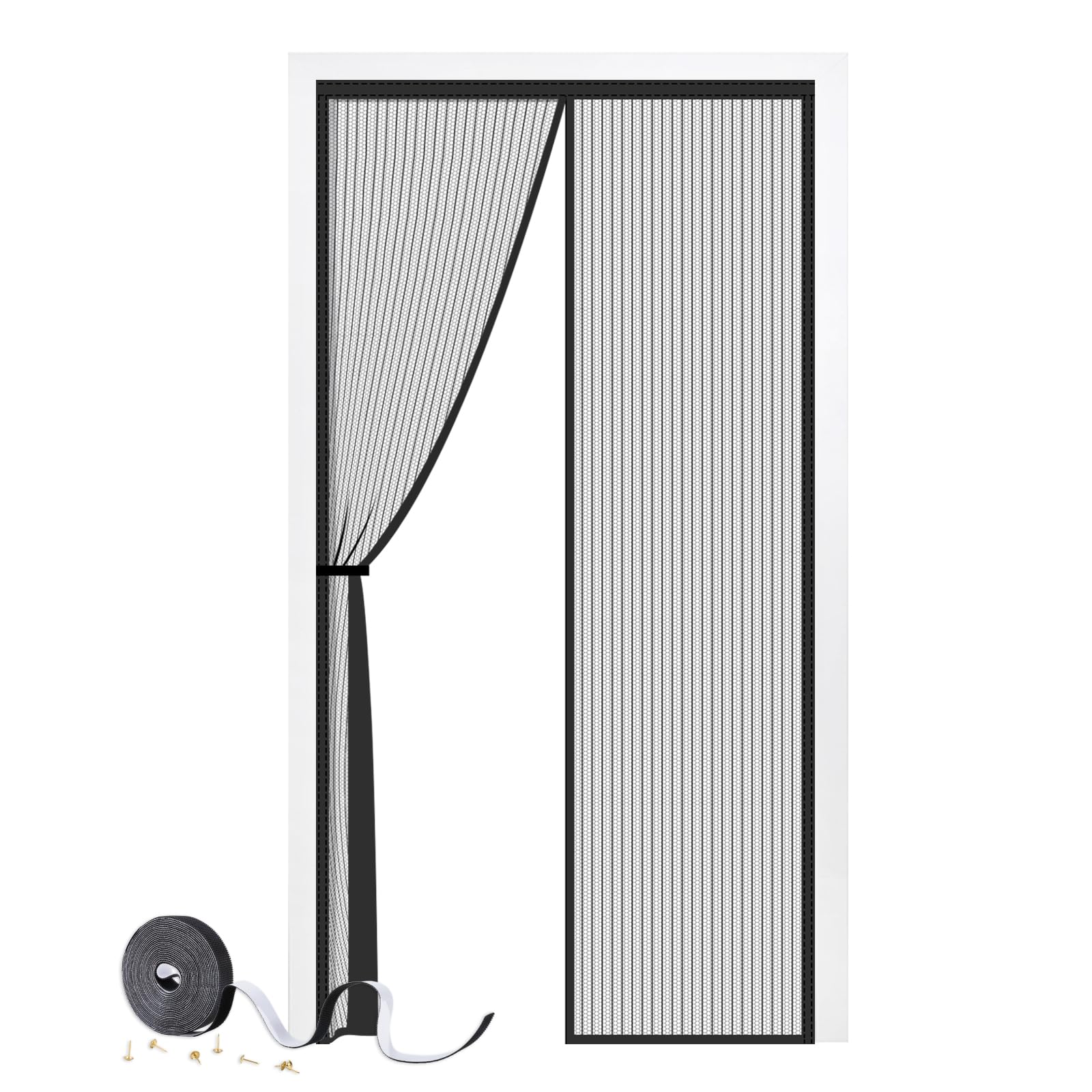 Magnetic Door Screen 90 x 210 cm, SMALUCK Heavy Duty Fly Door Screen Mesh with Powerful Magnets, Durable Mesh Curtains Keeps Bugs Out, Frame Hook & Loop, Kid and Pet Friendly