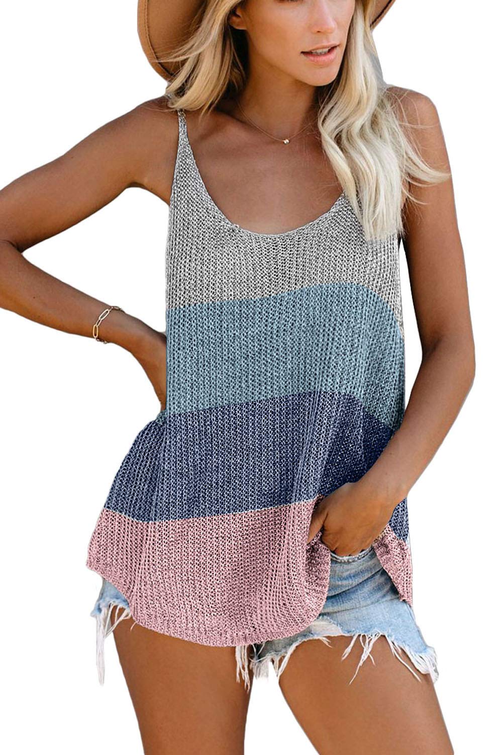 Women's Loose Sleeveless Embroidered Vest Knit Cami Fitting Spaghetti Strap Tank Top Oversized Summer Jumper