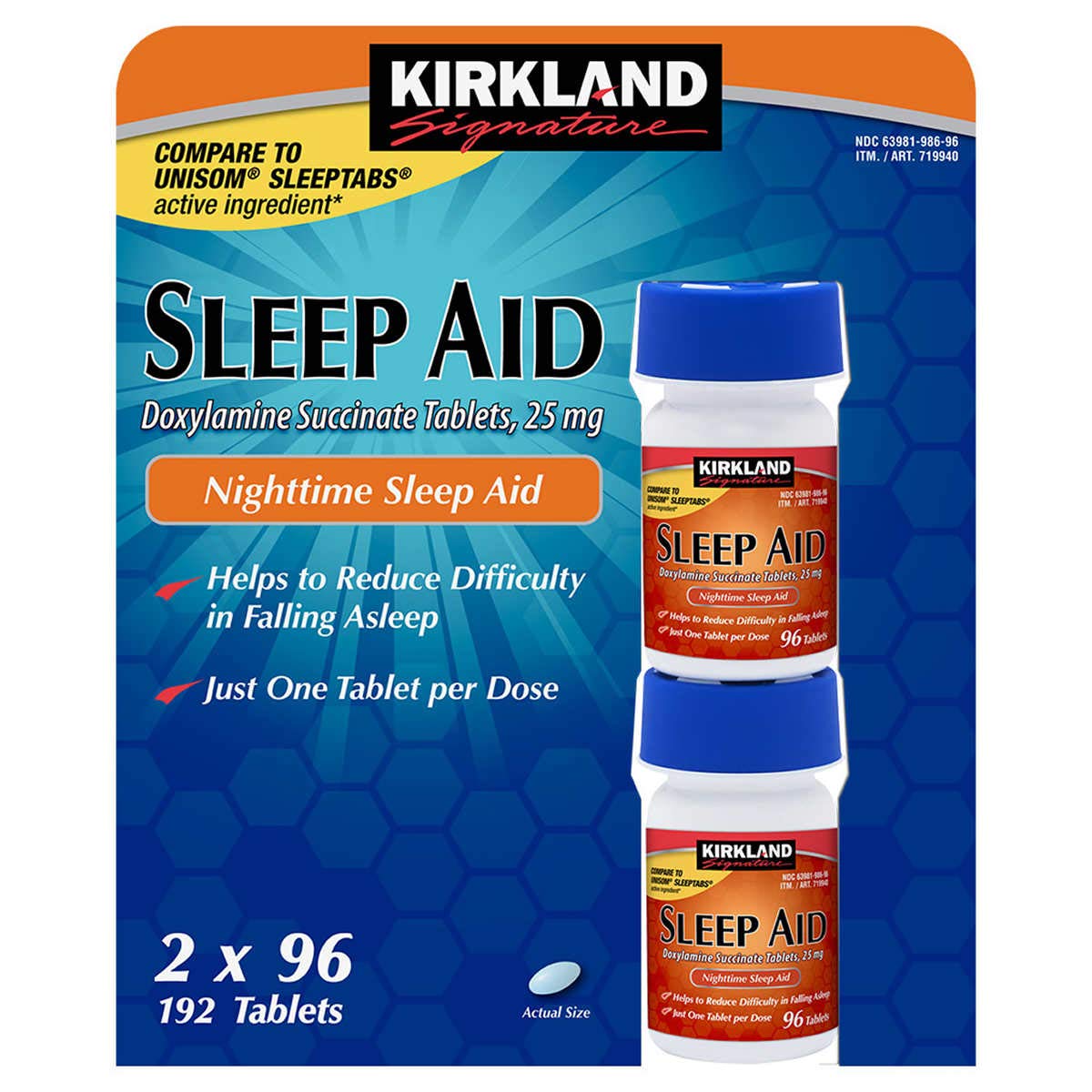 KIRKLAND SIGNATURE Cos7 Doxylamine Succinate Tablets,25Mg Nighttime Sleep Aid - 2 X 96 Tablets (192 Tablets Total)