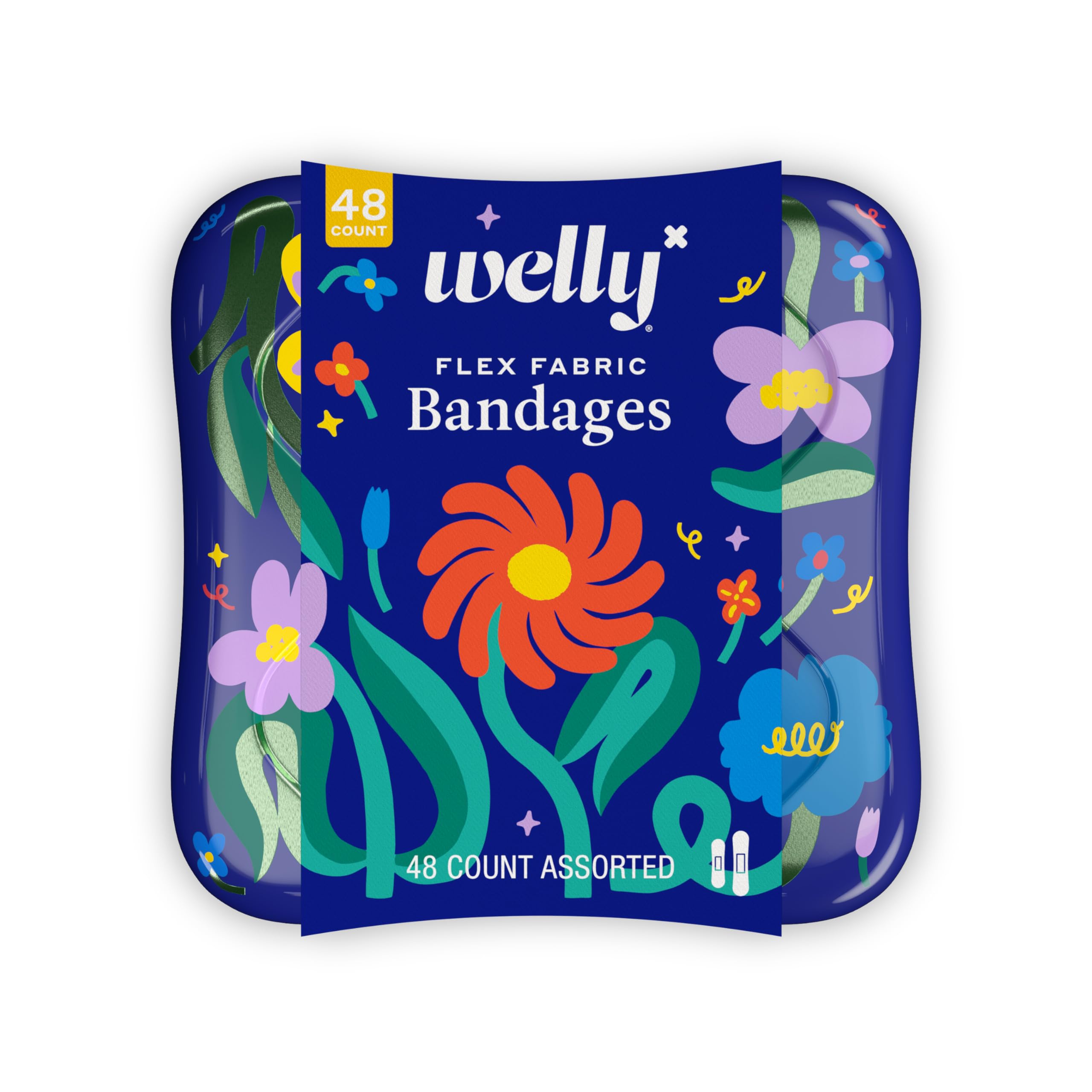 WellyBandages | Adhesive Flexible Fabric Bravery Badges | Assorted Shapes for Minor Cuts, Scrapes, and Wounds | Colorful and Fun First Aid Tin | Wonderland Floral Patterns - 48 Count