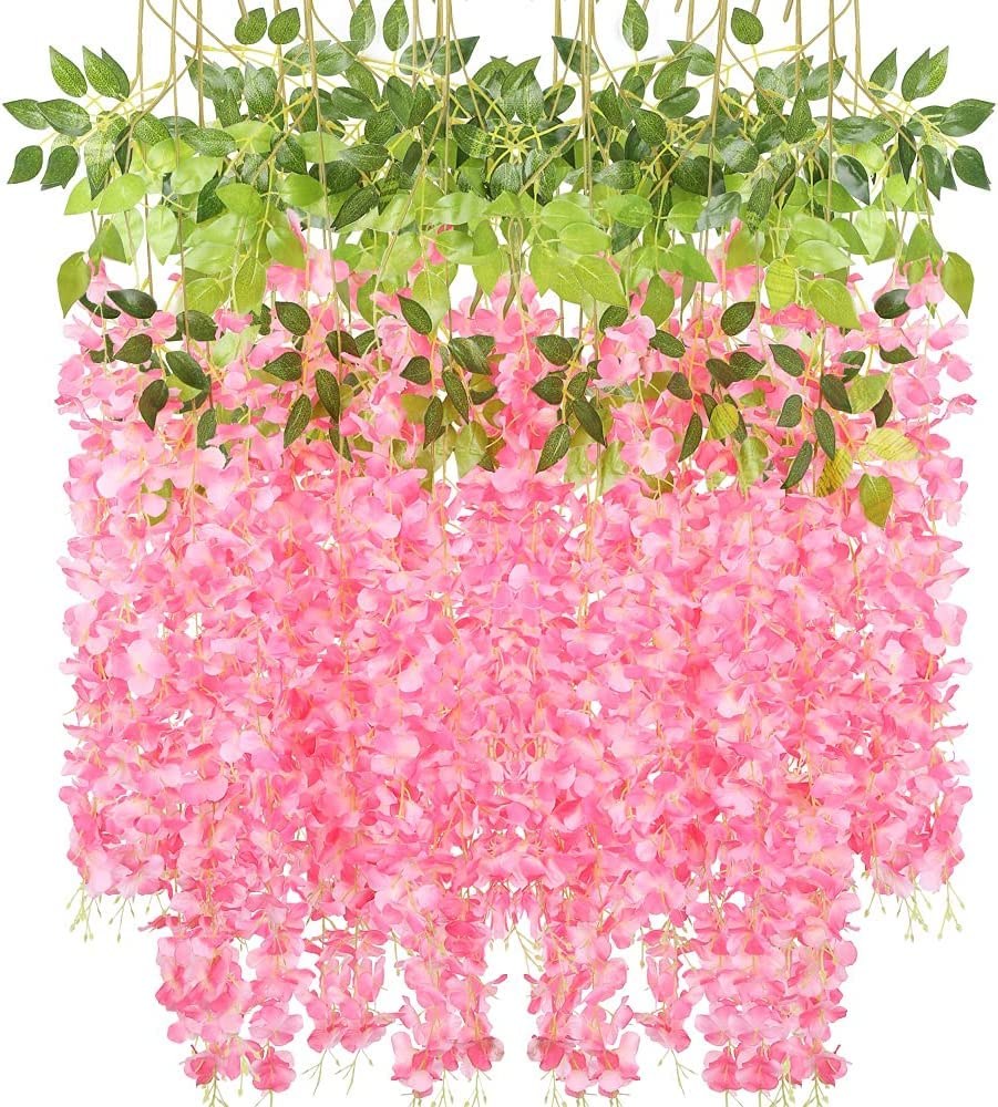 Rozi DecorationWisteria Artificial Flowers Garland, Light Pink Long Hanging Silk Bush Flowers String For Wedding, Photo Backdrops, Wall, Garden, Diwali, Pooja Decorations Pack Of 12, 106.7 CM