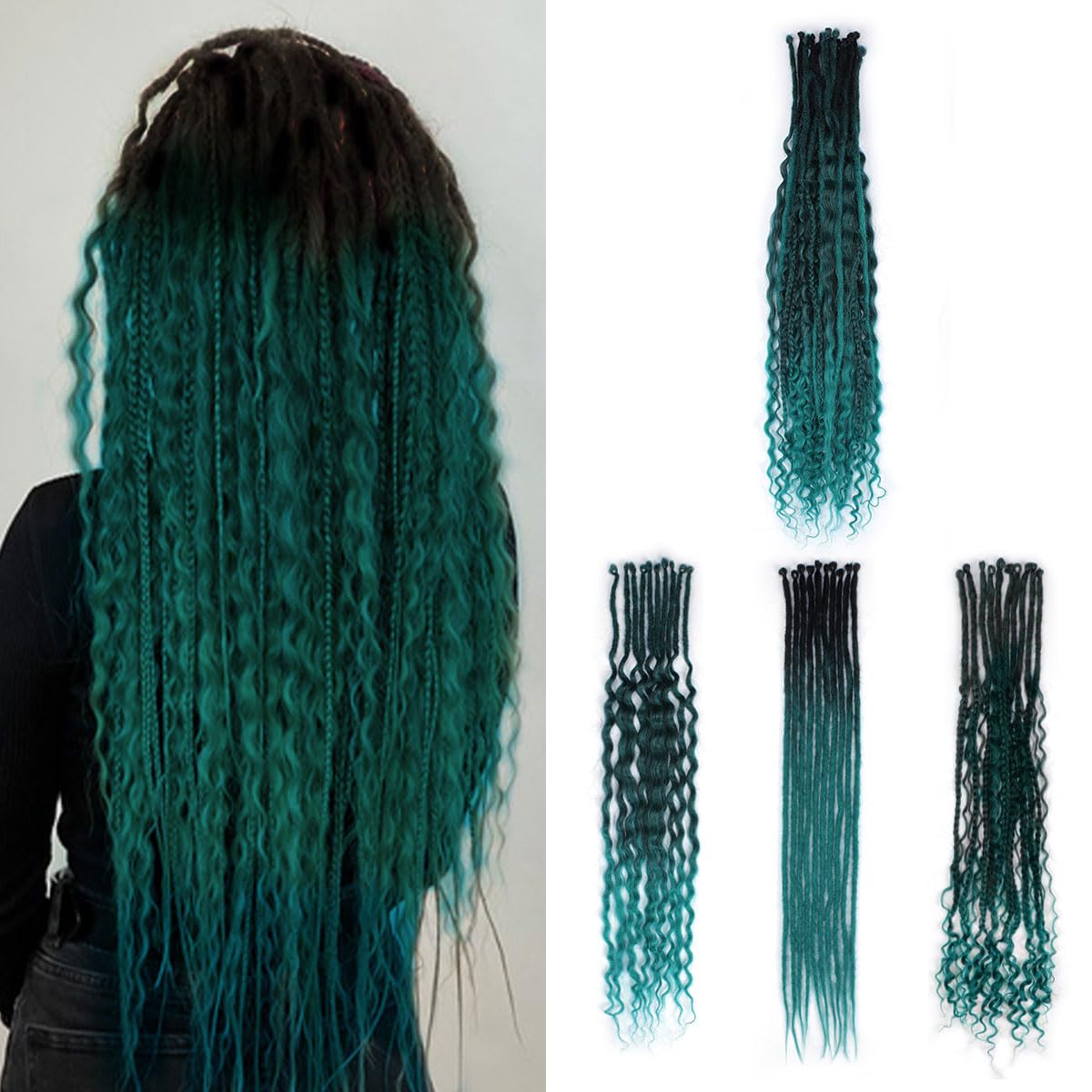 24in Single Ended 3 in 1 Dreadlock Extensions, 30pcs Ombre Teal Green Mixed Dreads Extensions Set SE Dreads with Curly Dreadlocks for White Women