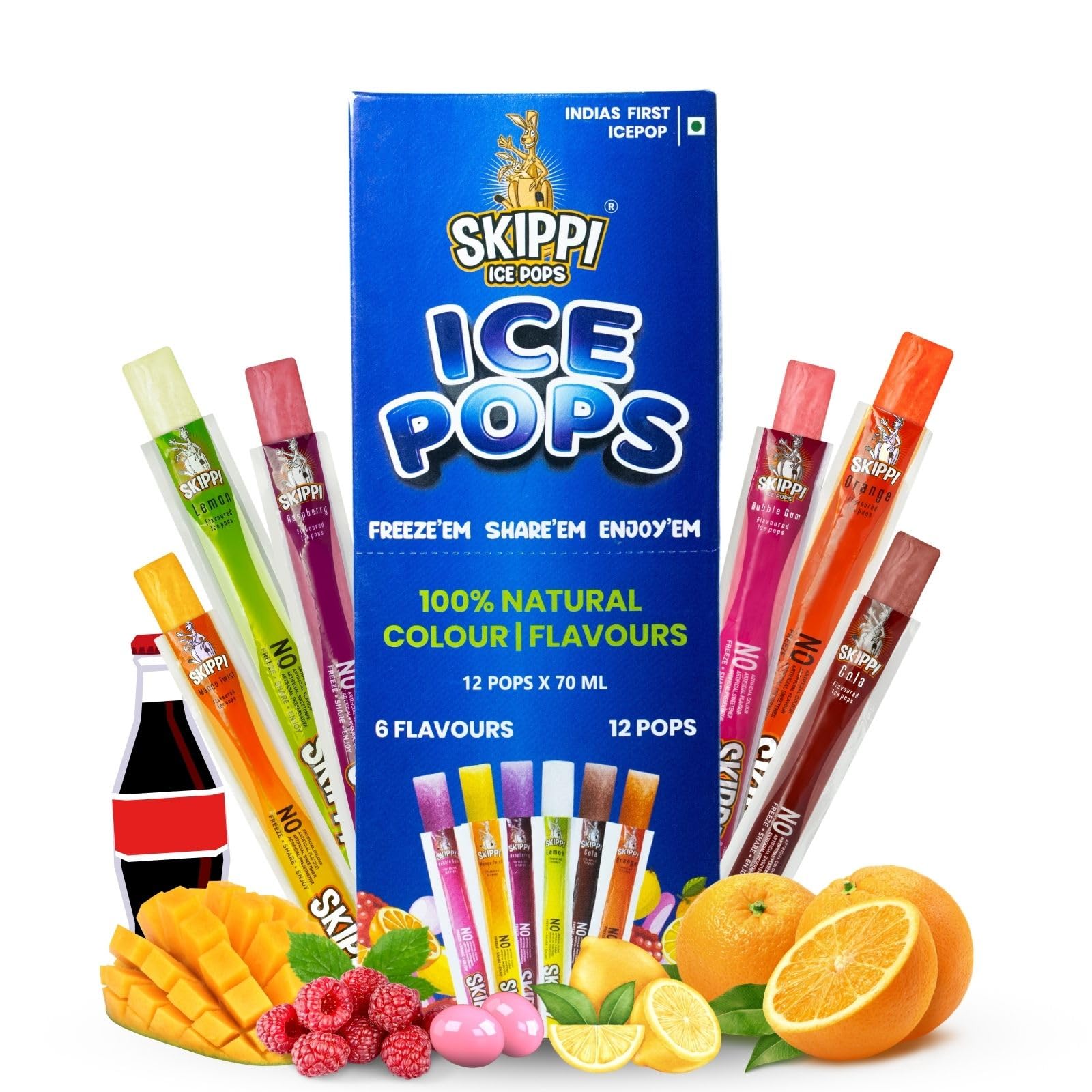 Skippi Icepops Natural Ice Popsicles (Lemon, Mango, Orange, Raspberry, Bubblegum and Cola) - 12 x 70 ml