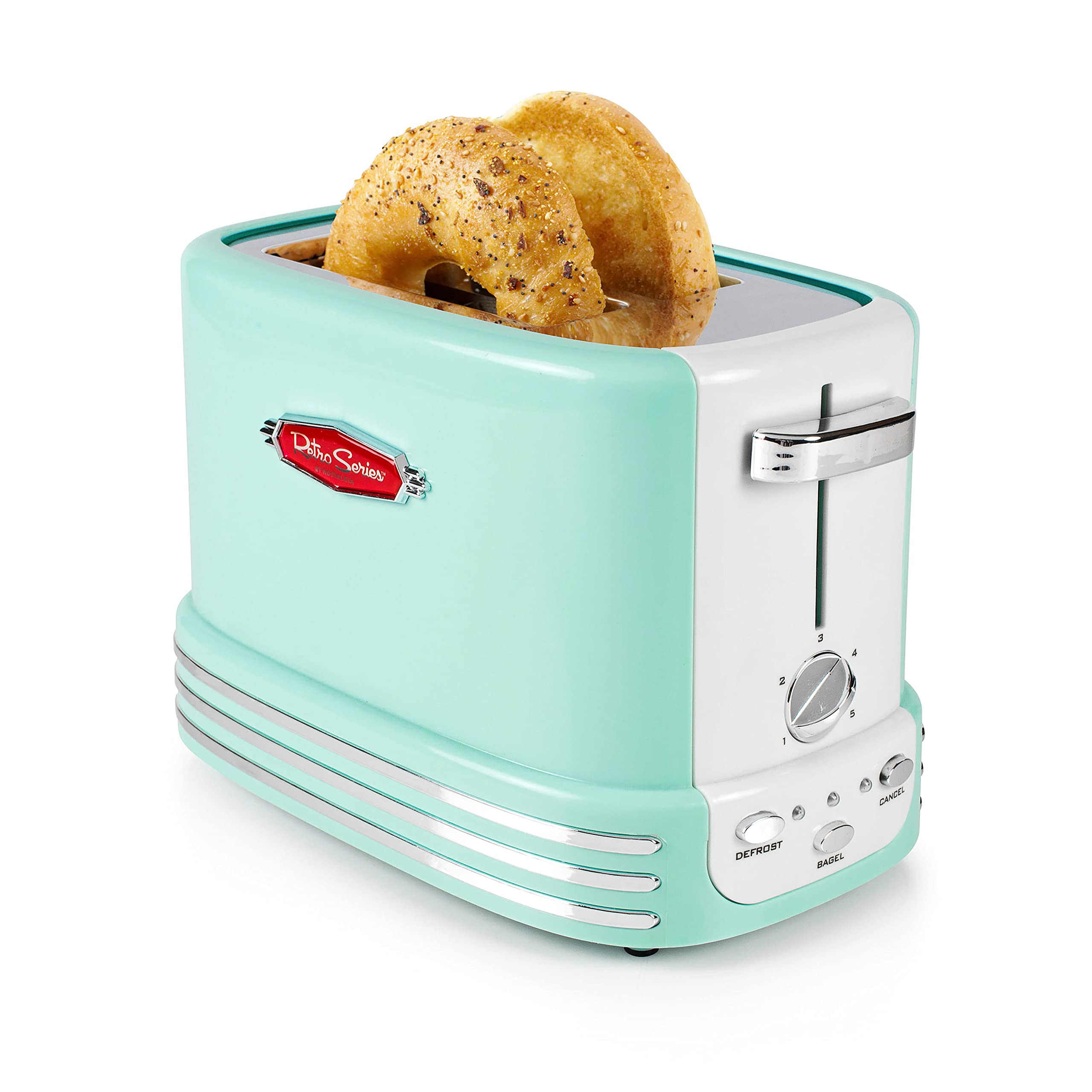 Nostalgia New and Improved Retro Wide 2-Slice Toaster Perfect For Bread, English Muffins, Bagels, 5 Browning Levels, With Crumb Tray & Cord Storage – Aqua, Turquoise