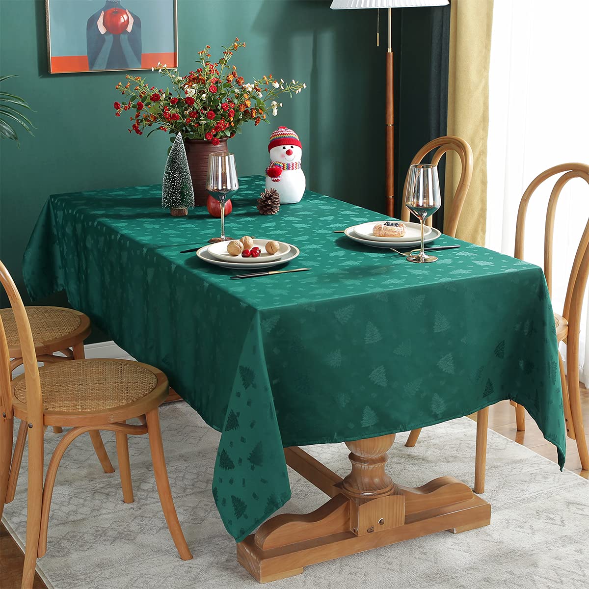 Christmas Tablecloth Rectangle, Jacquard Table Cloth Spillproof and Wrinkle Resistant with Christmas Trees for Dining Room & Holiday Decoration (Green, Rectangle/Oblong, 60" x 102" (8-10 Seats))