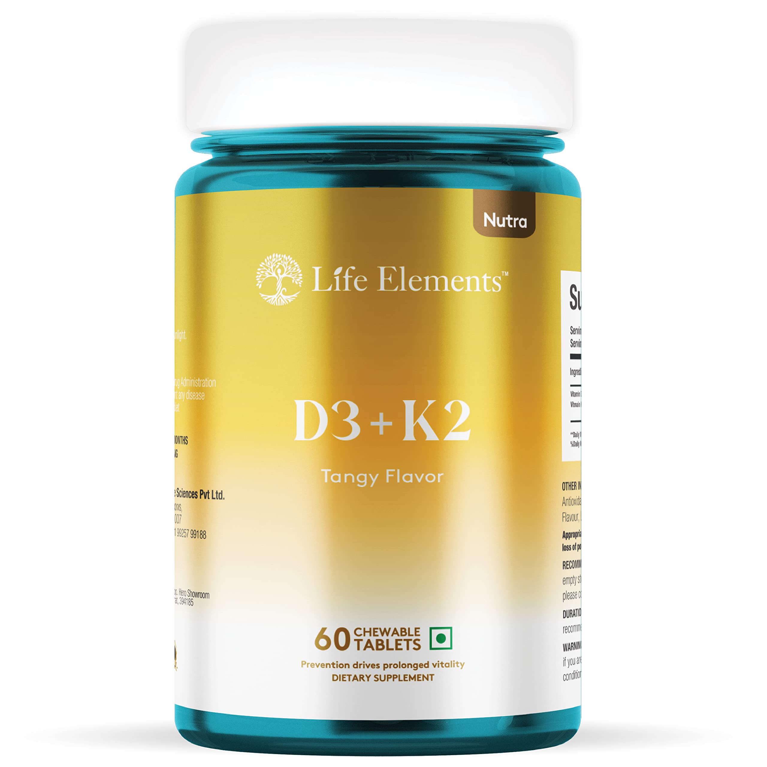 Life Elements Vitamin D3 K2 (MK7) | Plant Based Veg Vitamin D Supplements Lichen Source with Vitamin K2 MK7 Menaquinone - 60 Veg Chewable Tablets