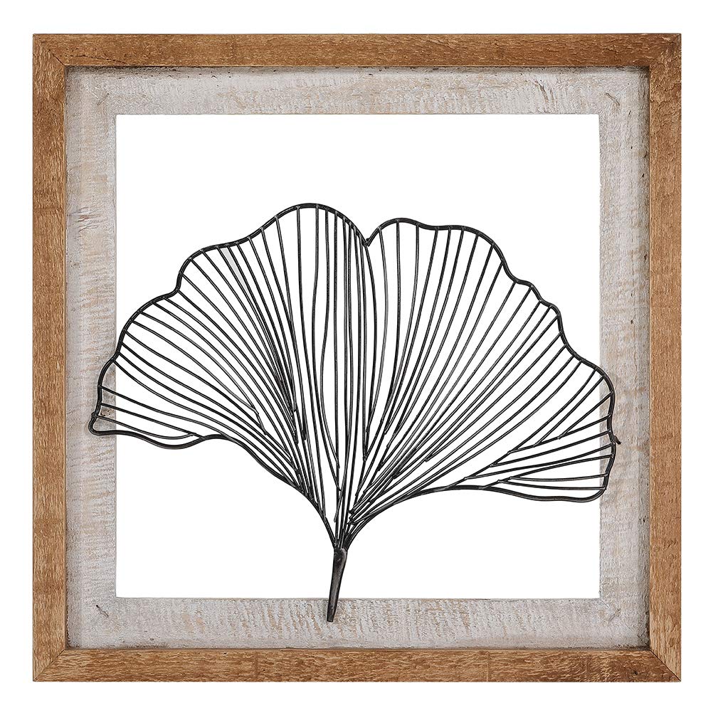 Retrome Metal Leaves Wall Decor Art - Rustic Black Ginkgo Metallic Wire Leaf Wall Sculptures Decor - Handmade Farmhouse Wood Framed Wrought Iron Leaf Wall Plaque Decorations, 15.74"