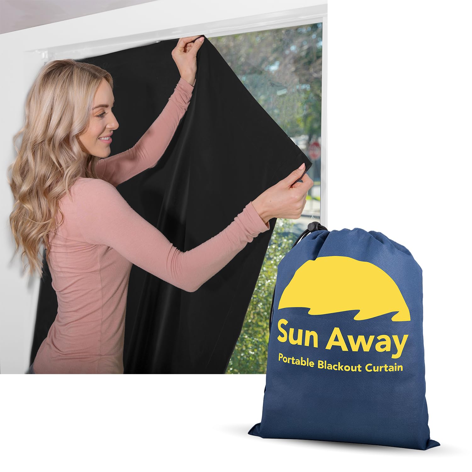 SUN AWAYPortable Blackout Curtain with Suction Cups - Premium Easy Install Shade No Tools Required - Temporary Blinds, Perfect for Baby Nursery or Dorm Room - with Travel Bag (66” Long x 51” Wide)