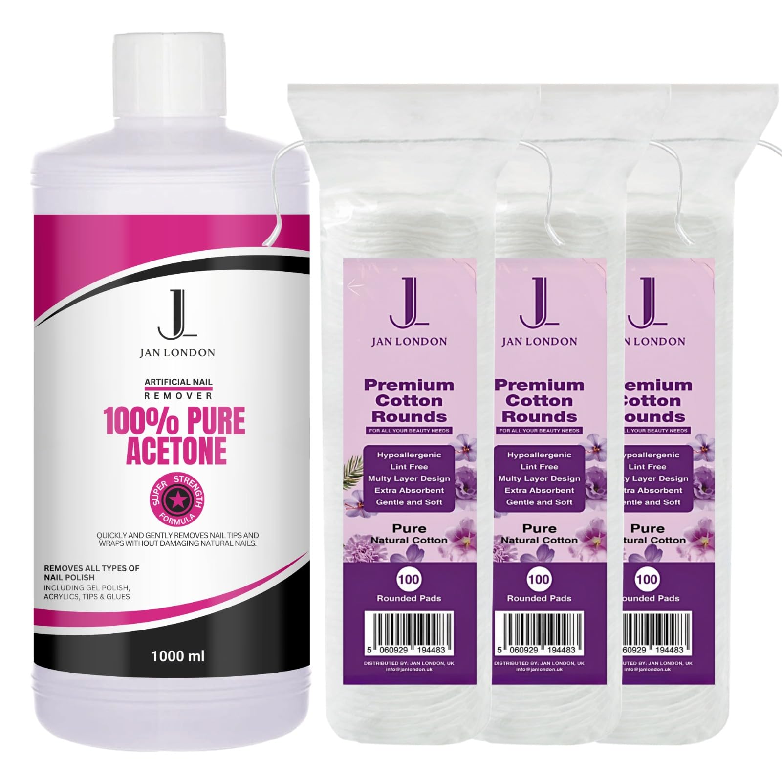 JAN LONDON 2-in-1 Pure Acetone Nail Polish Remover 1000ml & Premium Hypoallergenic Cotton Rounds: Fast-Acting Soak Off Formula with 300 Soft, Absorbent Pads for Gentle Nail Polish Removal