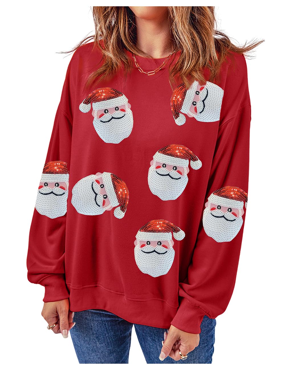 EcosunnyChristmas Sweatshirts Womens Sequin Santa Graphic Shirt Csausl Crewneck Long Sleeve Holiday Pullover Tops