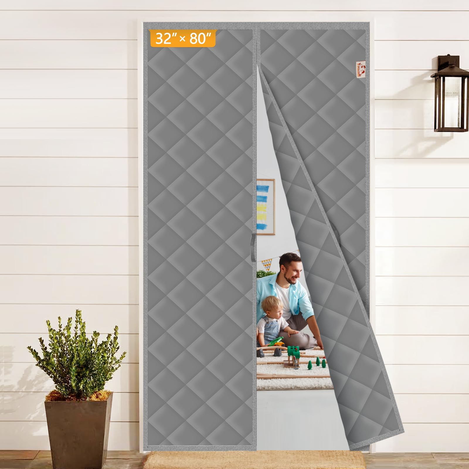 Yotache Magnetic Thermal Insulated Door Curtain Fits Door Size 32" x 80", Weatherproof Oxford Thicken Cotton Fiber Fill, Windproof Door Insulation Cover to Keep Warm in Winter, Gray