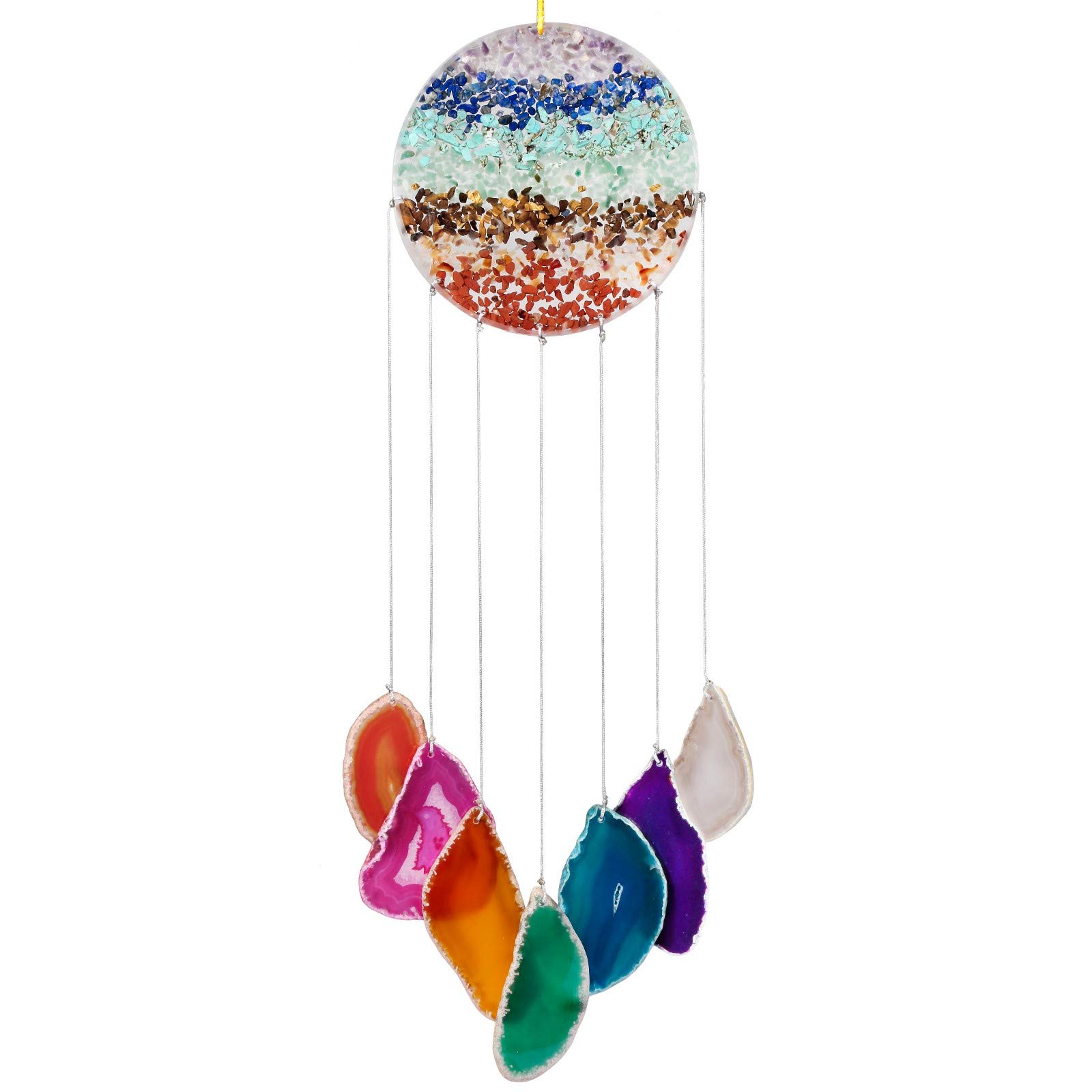 SUNYIK Healing 7Chakra Orgone Agate Slice Wind Chime, Handmade Orgonite Crystal Chips Stone Wind Chime for Indoor Outdoor Decoration Ornament