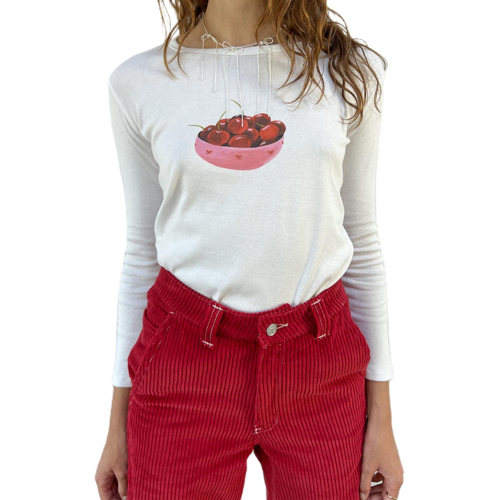 Women Fruit Print Long Sleeve Tees Round Neck Slim Fit Crop Tops 2000s Cute T Shirt Y2k Going Out Shirts