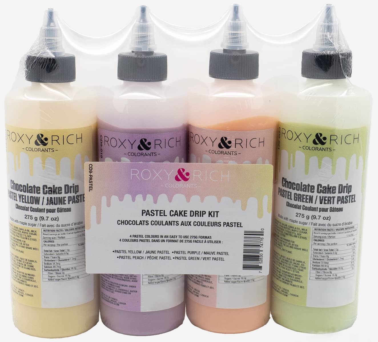 Roxy & Rich Pastel Cake Drip Kit: 275 Grams Pastel Green, 275 Grams Pastel Peach, 275 Grams Pastel Purple and 275 Grams Pastel Yellow