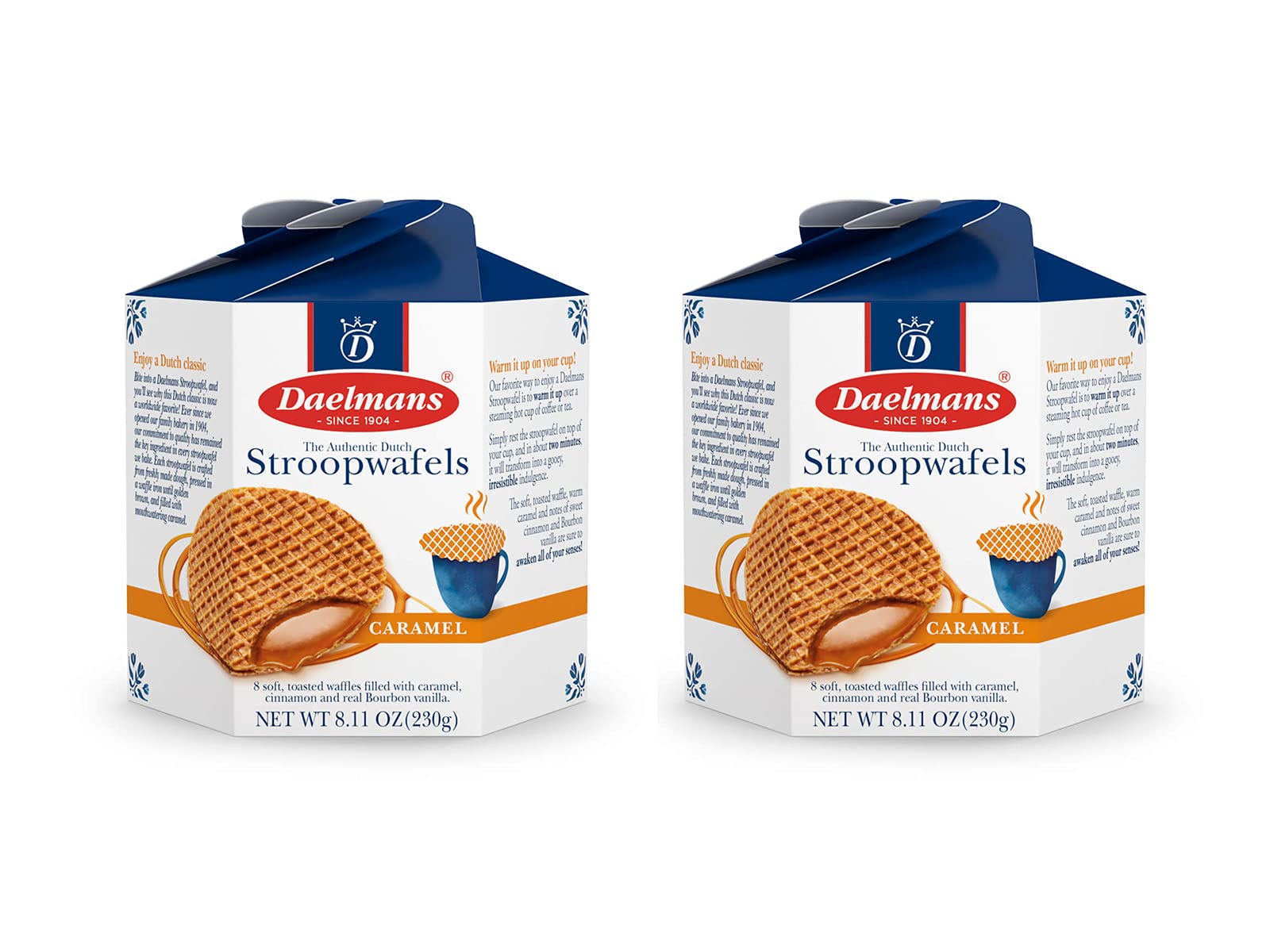 DAELMANS Stroopwafels, Dutch Waffles Soft Toasted, 2 Pack Assortment, Caramel, Office Snack, Kosher Dairy, Authentic Made In Holland, 8 Stroopwafels Per Box (2 Pack)