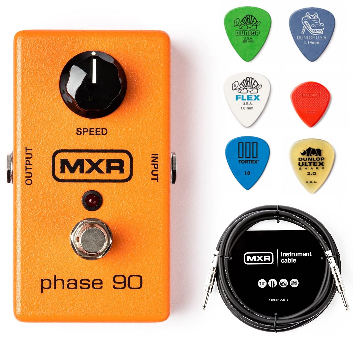 MXR M101 Phase 90 Effects Pedal Bundle with MXR Instrument Cable and 6 Assorted Dunlop Picks