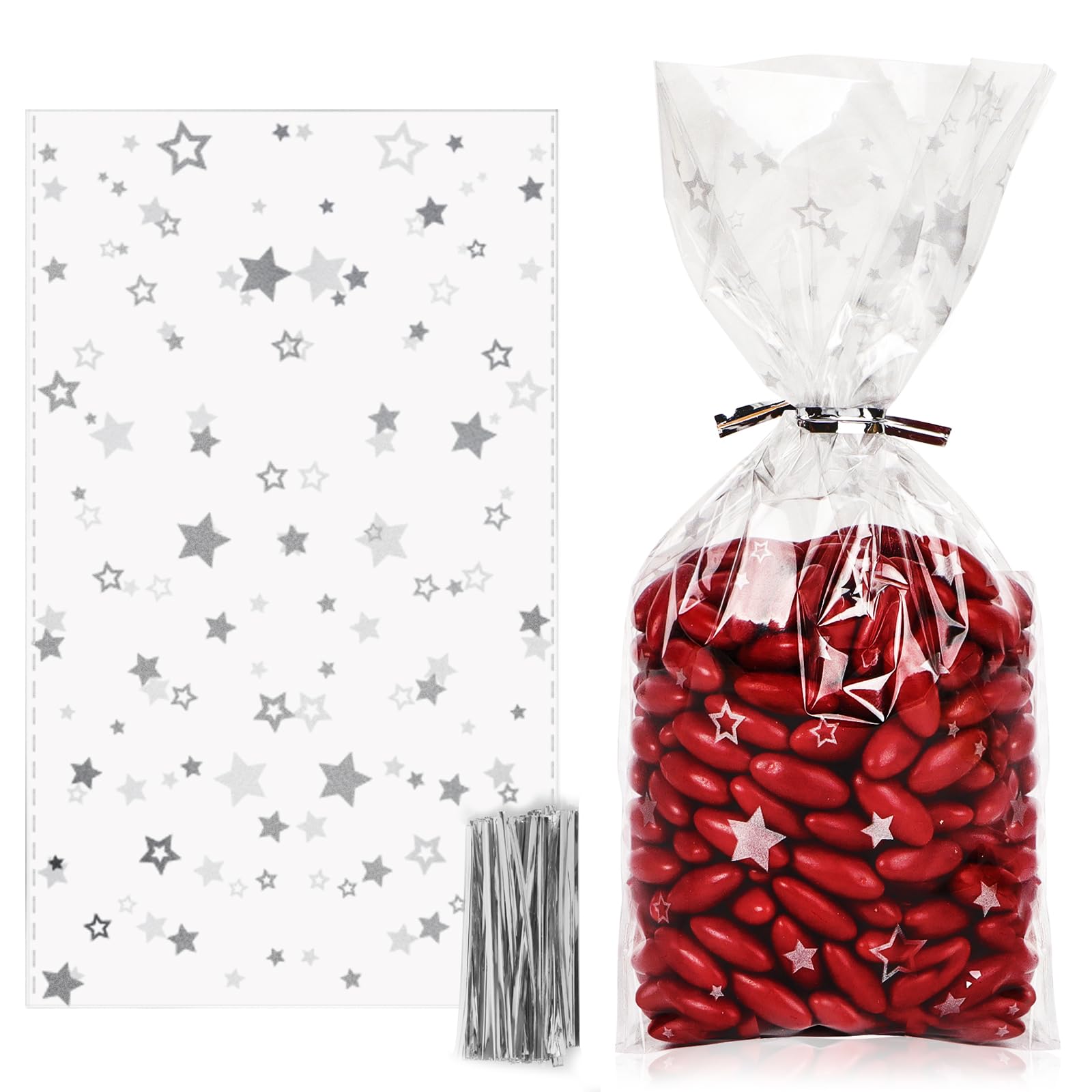 100pcs Christmas Cellophane Bags Sweet Bags Star Clear Party Treat Bags Flat Bottom Candy Bags for Cookies with Twist Ties