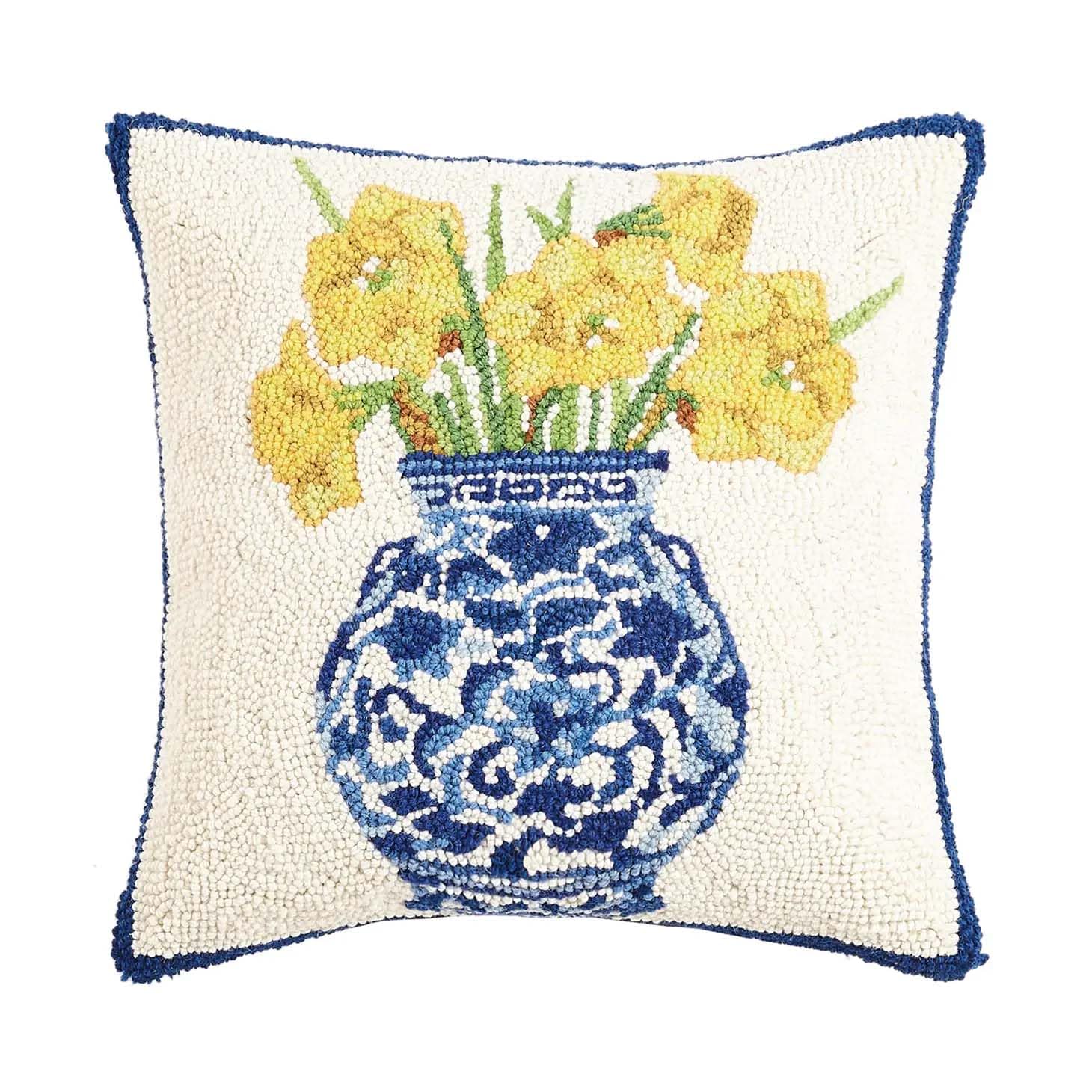 Peking Handicraft 30SER515BC16SQ Chinoiserie Vase Daffodils Hook Pillow, 100% Wool and Cotton