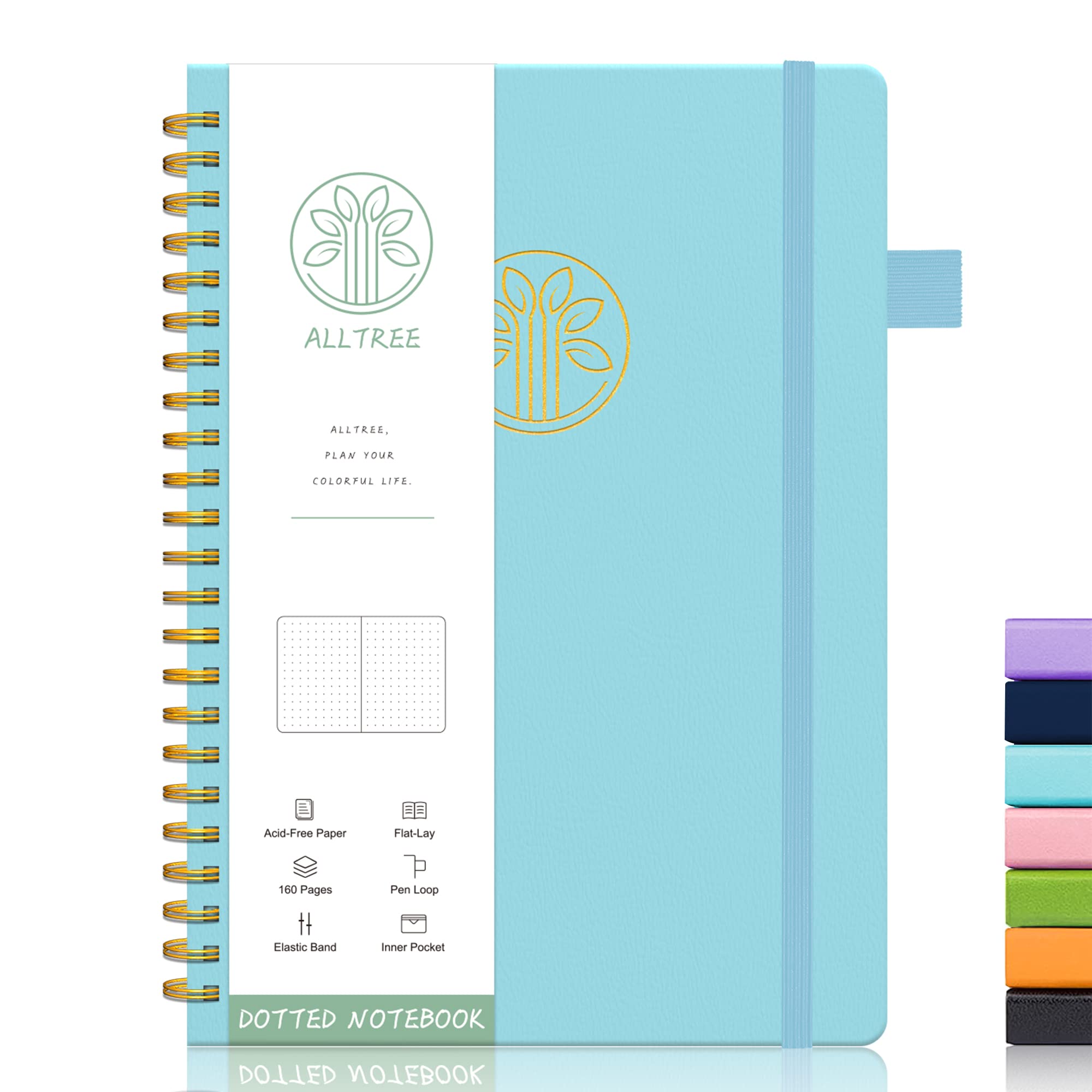 Spiral Dot Grid Notebook Journal, Dotted Paper Notebook, A5 Medium, Hardcover Notebook for Work, ALLTREE Spiral Notebook with Tabs, Pen Loop, Pocket, Stickers, 160 Pages, Journal for Women & Men, Sky Blue(6"x8.5")